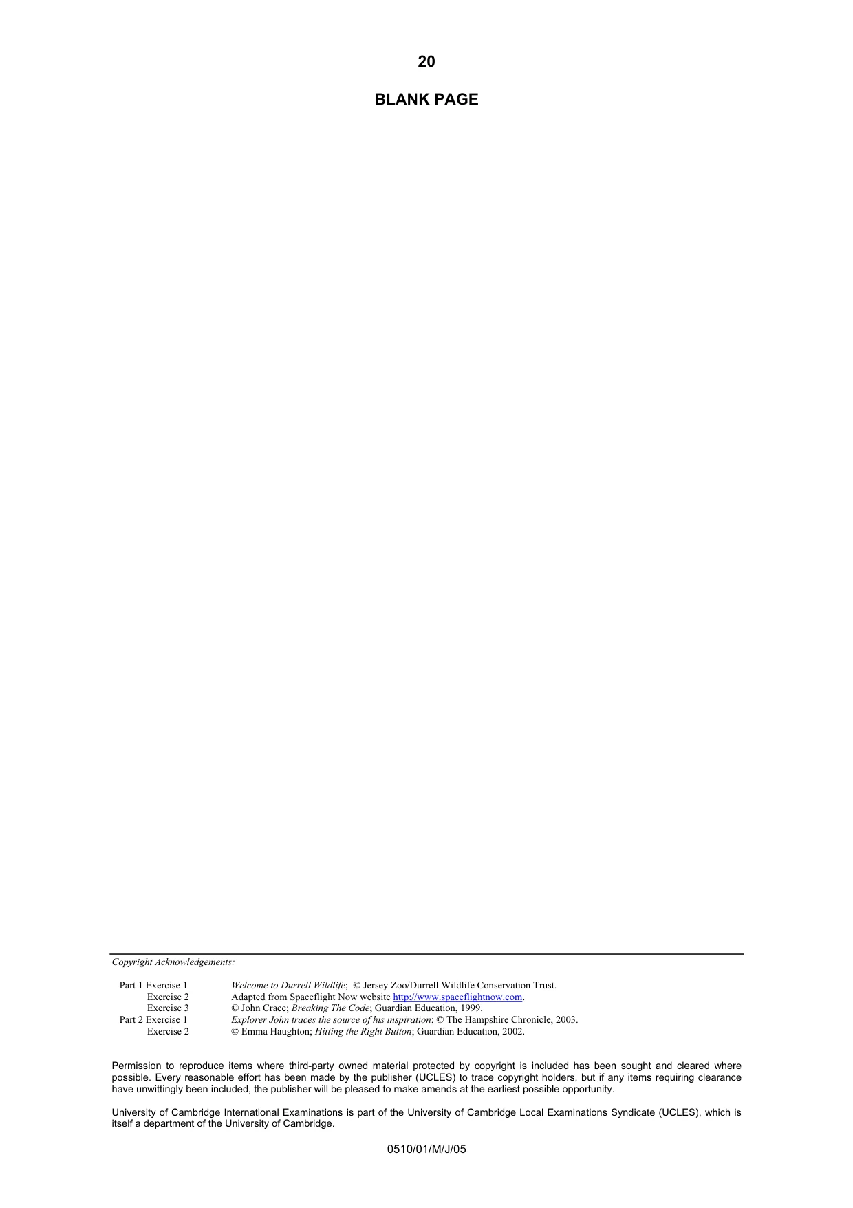 Cambridge IGCSE English - Second Language (oral endorsement) 0510 2005 May/June Paper 1 · Variant 1 question paper, page 20 of 20