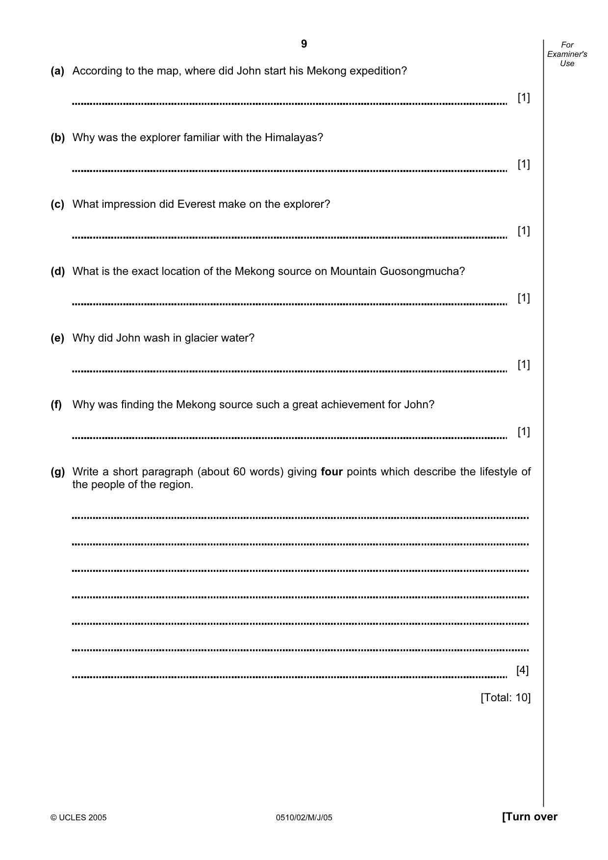 Cambridge IGCSE English - Second Language (oral endorsement) 0510 2005 May/June Paper 2 · Variant 1 question paper, page 9 of 20
