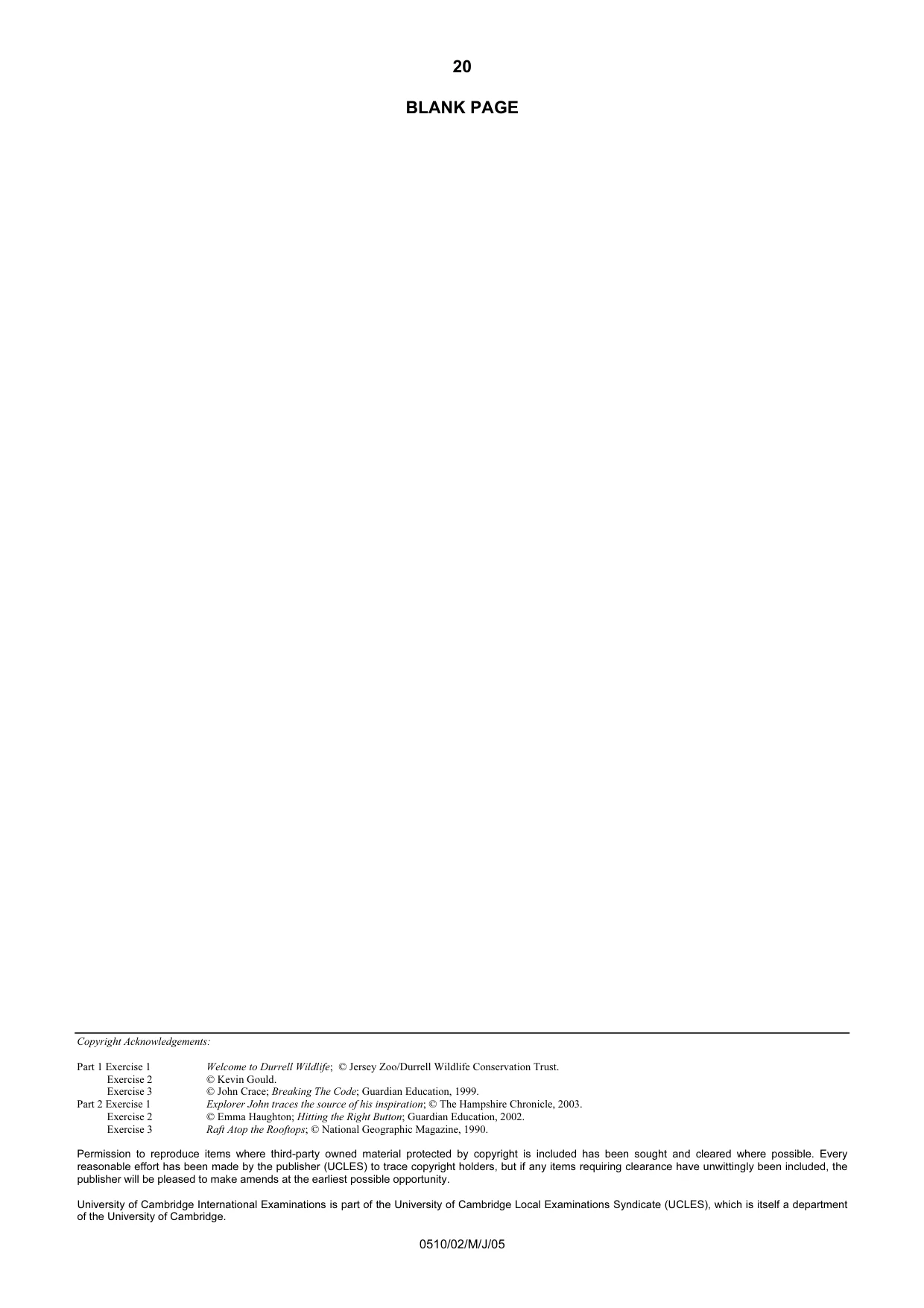 Cambridge IGCSE English - Second Language (oral endorsement) 0510 2005 May/June Paper 2 · Variant 1 question paper, page 20 of 20