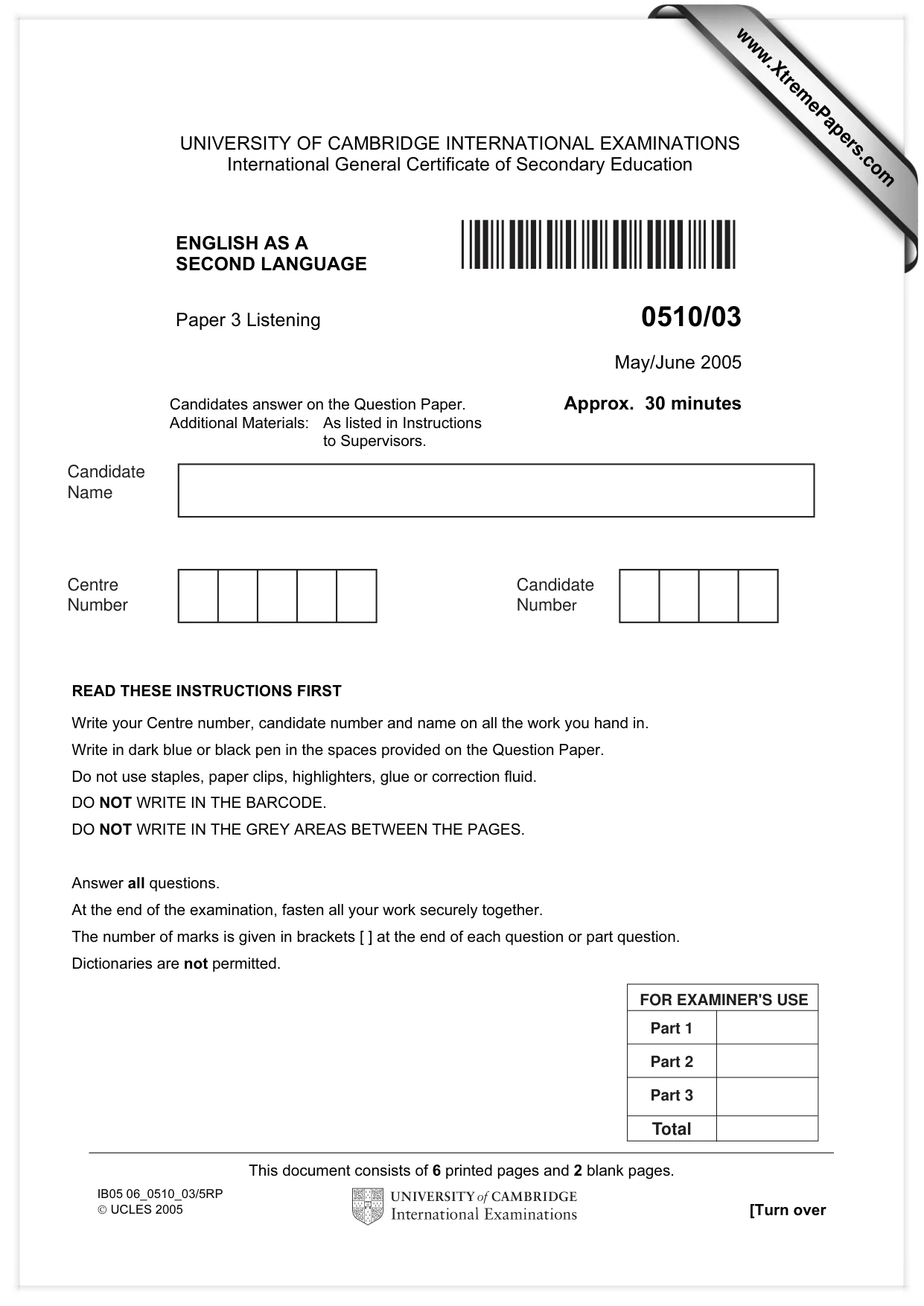 Cambridge IGCSE English - Second Language (oral endorsement) 0510 2005 May/June Paper 3 · Variant 1 question paper, page 1 of 8
