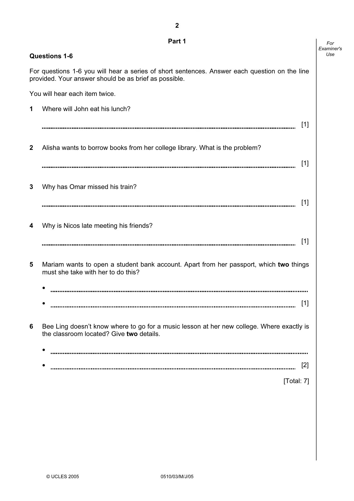 Cambridge IGCSE English - Second Language (oral endorsement) 0510 2005 May/June Paper 3 · Variant 1 question paper, page 2 of 8