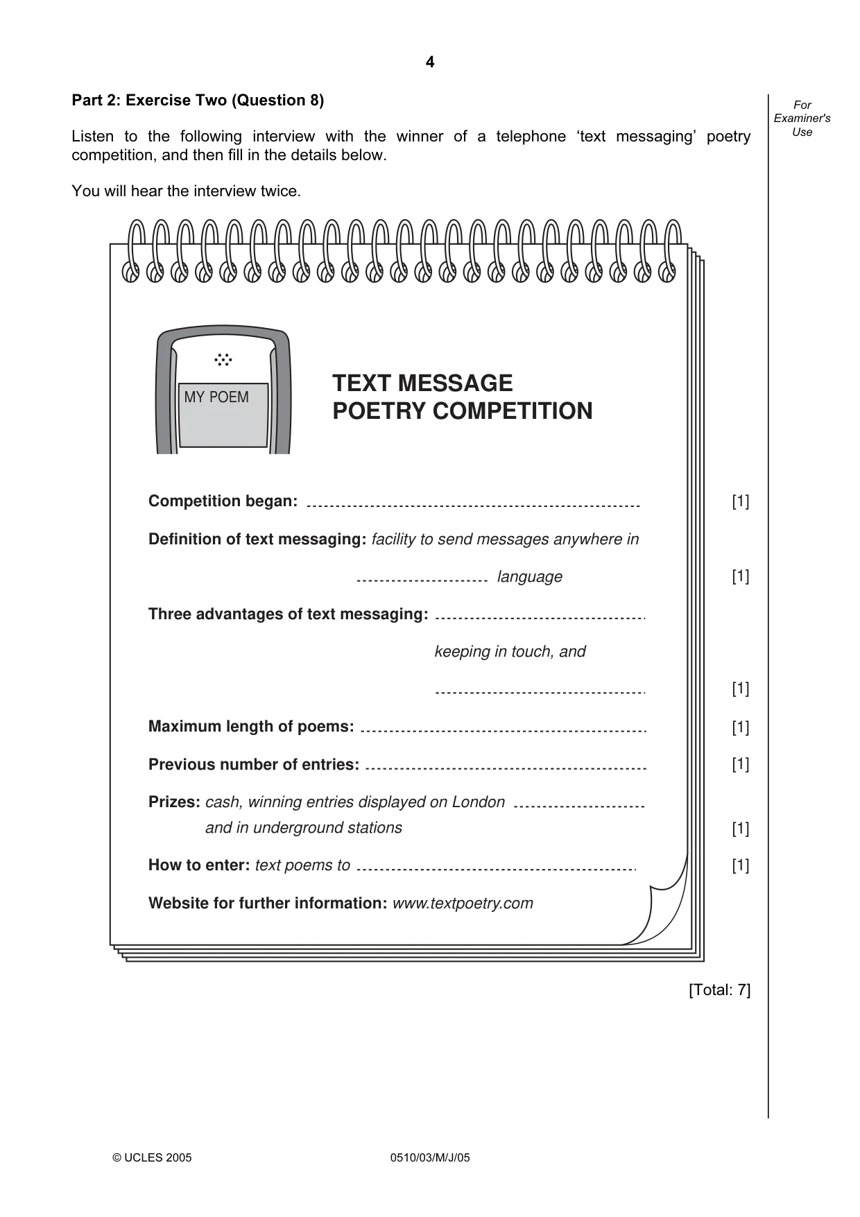 Cambridge IGCSE English - Second Language (oral endorsement) 0510 2005 May/June Paper 3 · Variant 1 question paper, page 4 of 8