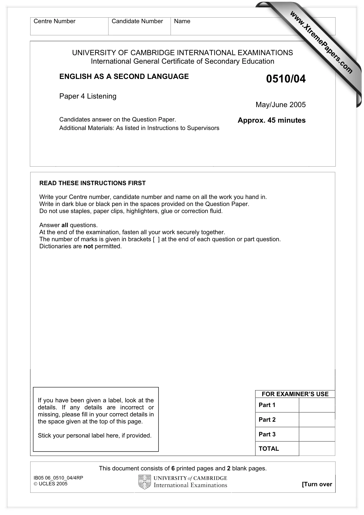 Cambridge IGCSE English - Second Language (oral endorsement) 0510 2005 May/June Paper 4 · Variant 1 question paper, page 1 of 8