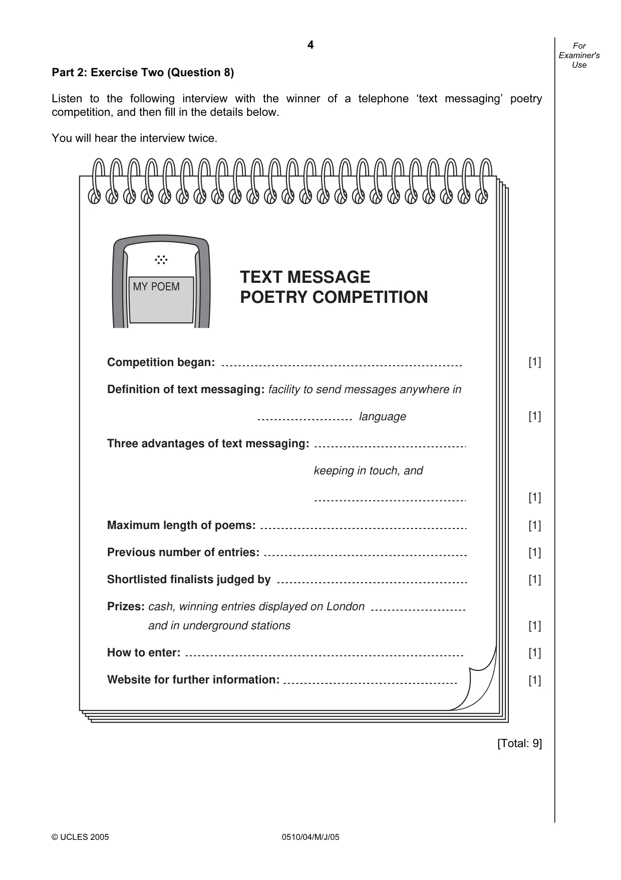Cambridge IGCSE English - Second Language (oral endorsement) 0510 2005 May/June Paper 4 · Variant 1 question paper, page 4 of 8