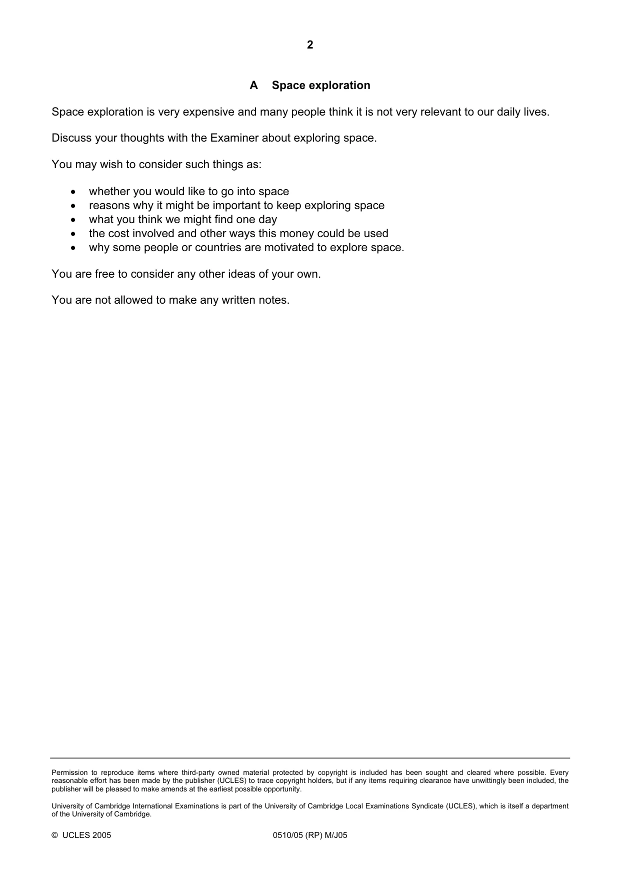 Cambridge IGCSE English - Second Language (oral endorsement) 0510 2005 May/June Paper 5 · Variant 1 question paper, page 2 of 10