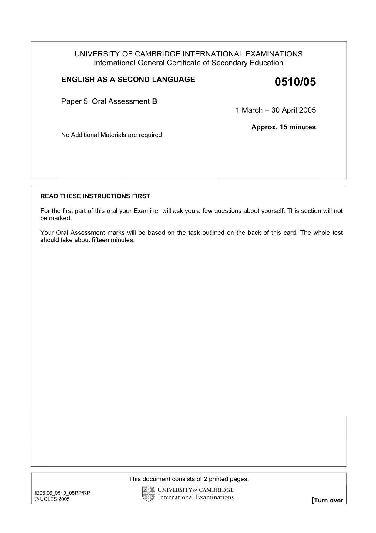 Cambridge IGCSE English - Second Language (oral endorsement) 0510 2005 May/June Paper 5 · Variant 1 question paper, page 3 of 10