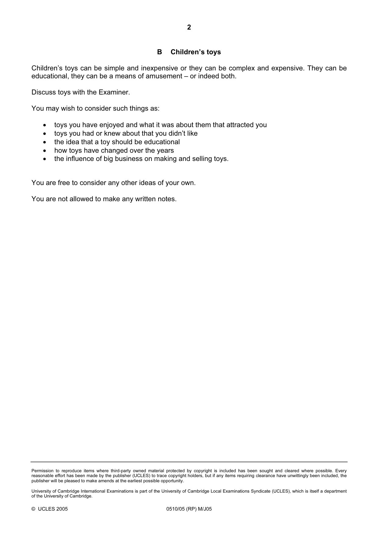 Cambridge IGCSE English - Second Language (oral endorsement) 0510 2005 May/June Paper 5 · Variant 1 question paper, page 4 of 10