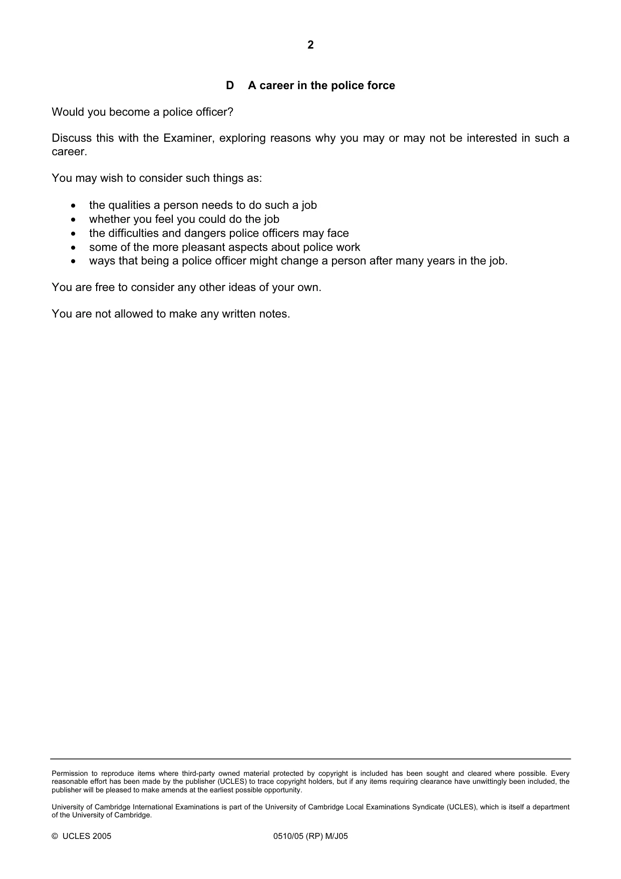 Cambridge IGCSE English - Second Language (oral endorsement) 0510 2005 May/June Paper 5 · Variant 1 question paper, page 8 of 10