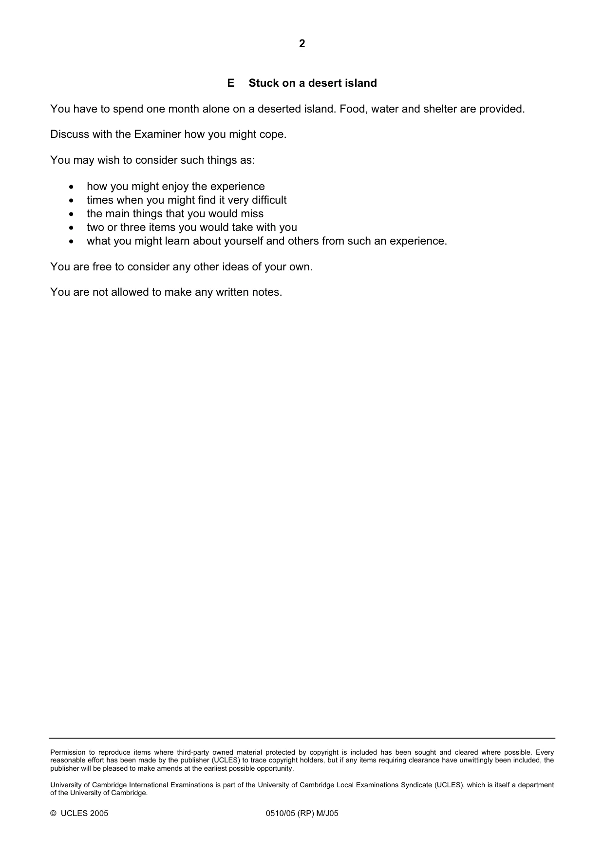 Cambridge IGCSE English - Second Language (oral endorsement) 0510 2005 May/June Paper 5 · Variant 1 question paper, page 10 of 10
