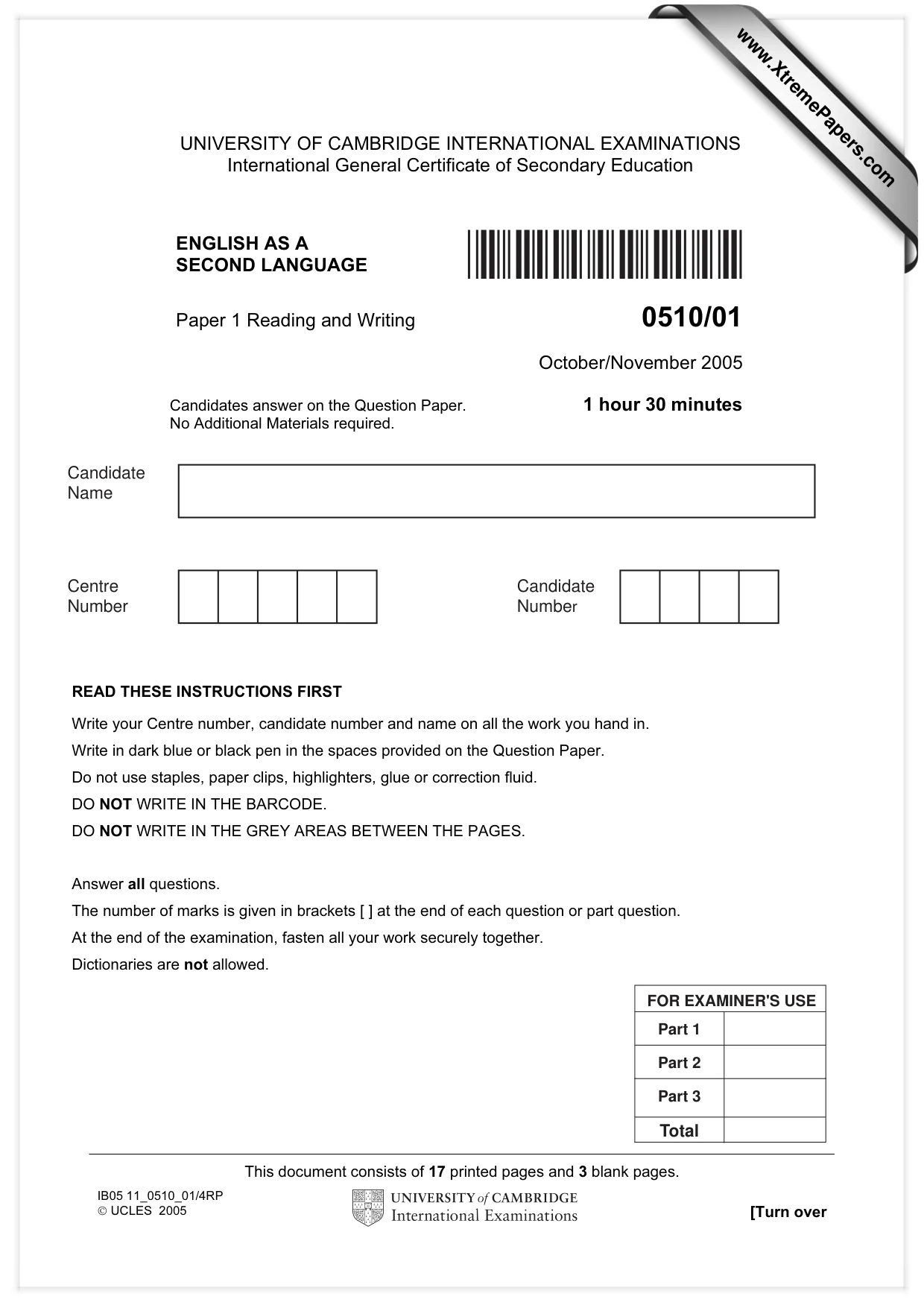 Cambridge IGCSE English - Second Language (oral endorsement) 0510 2005 Oct/Nov Paper 1 · Variant 1 question paper, page 1 of 20