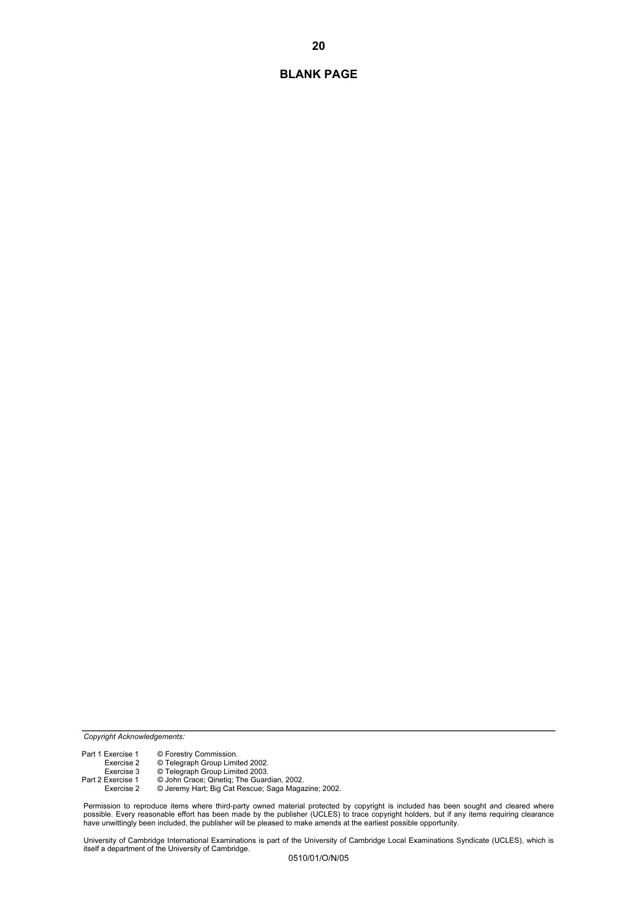 Cambridge IGCSE English - Second Language (oral endorsement) 0510 2005 Oct/Nov Paper 1 · Variant 1 question paper, page 20 of 20