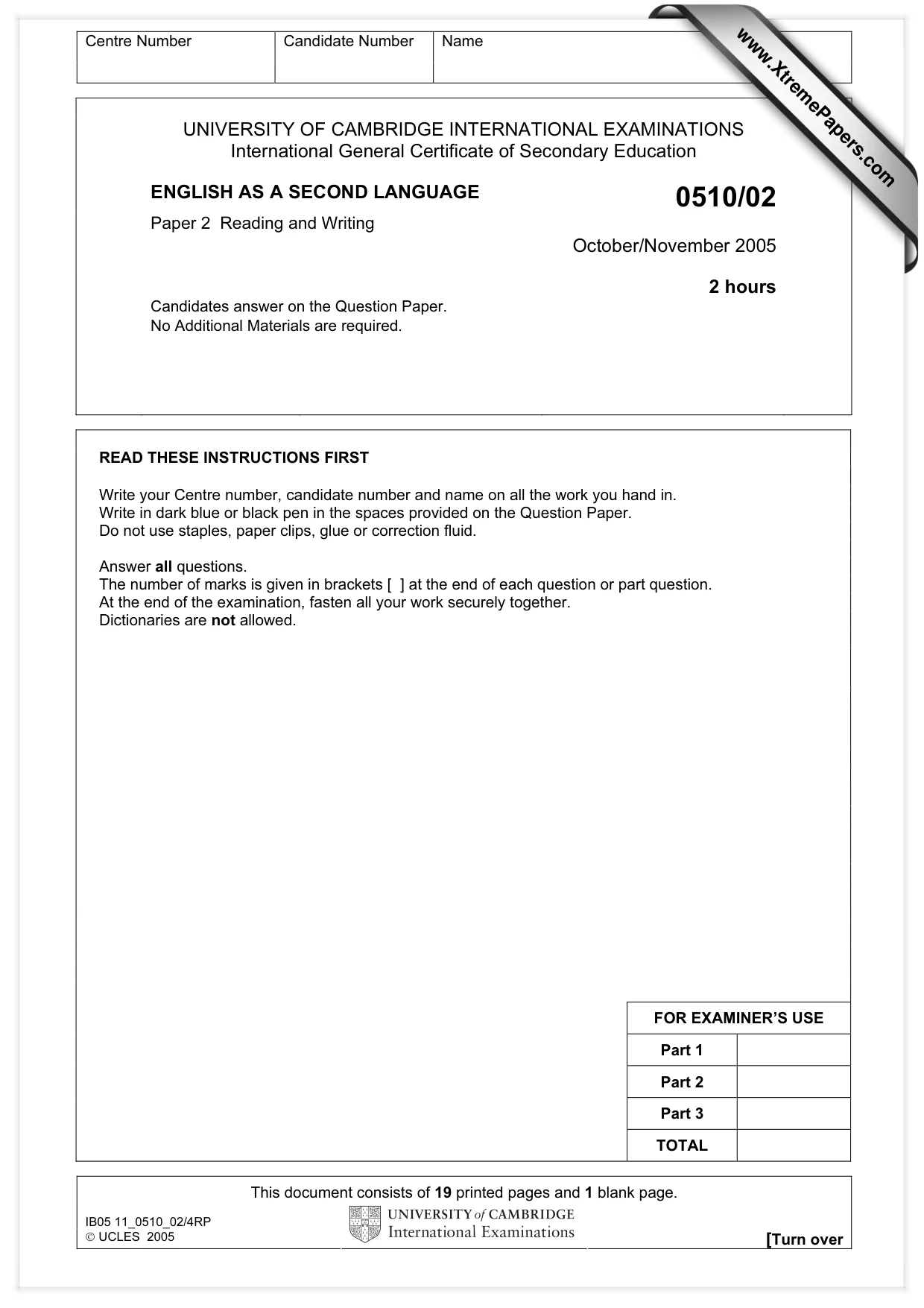 Cambridge IGCSE English - Second Language (oral endorsement) 0510 2005 Oct/Nov Paper 2 · Variant 1 question paper, page 1 of 20