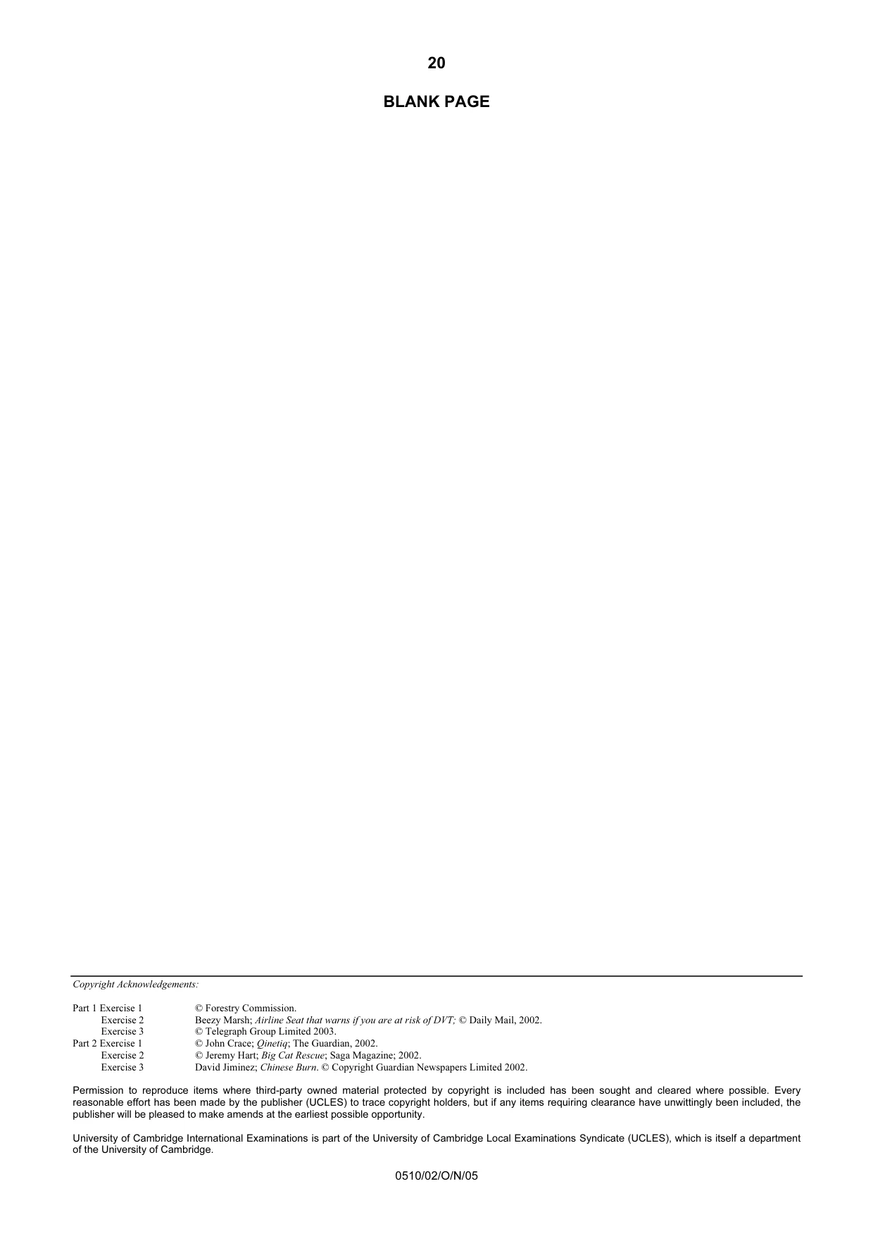 Cambridge IGCSE English - Second Language (oral endorsement) 0510 2005 Oct/Nov Paper 2 · Variant 1 question paper, page 20 of 20