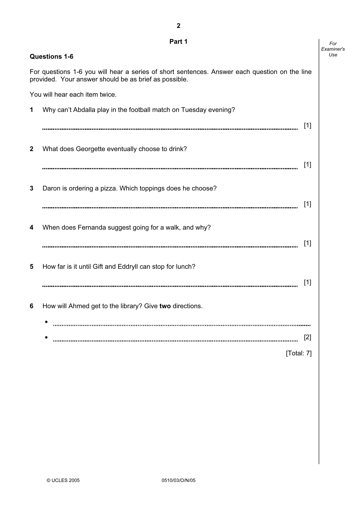 Cambridge IGCSE English - Second Language (oral endorsement) 0510 2005 Oct/Nov Paper 3 · Variant 1 question paper, page 2 of 8