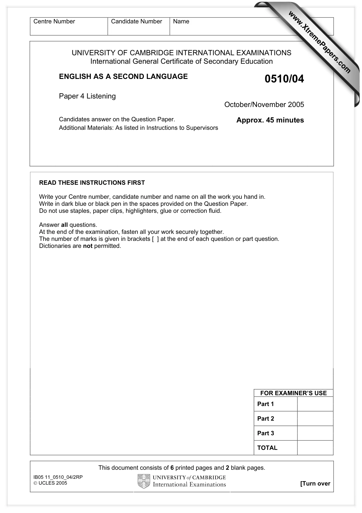 Cambridge IGCSE English - Second Language (oral endorsement) 0510 2005 Oct/Nov Paper 4 · Variant 1 question paper, page 1 of 8