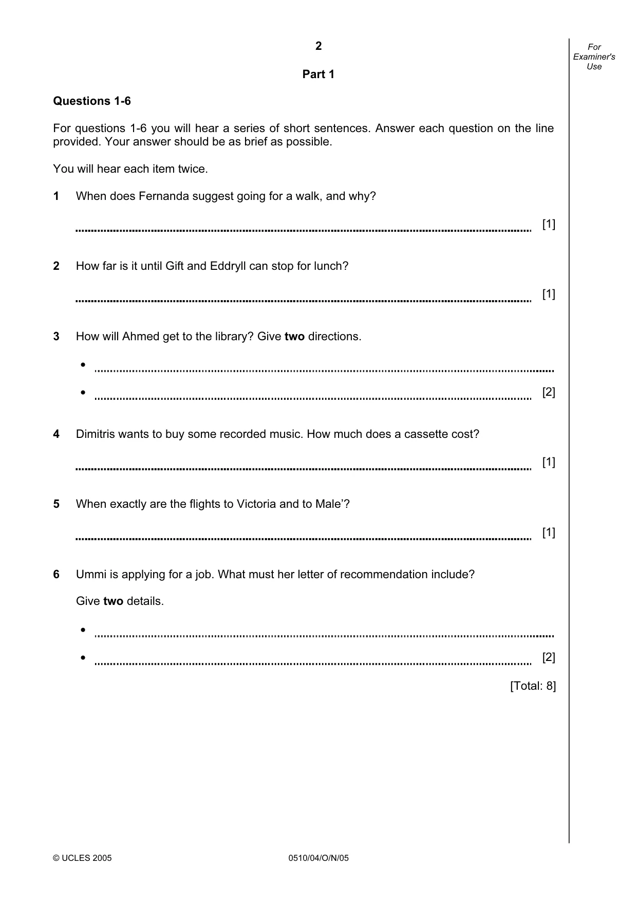 Cambridge IGCSE English - Second Language (oral endorsement) 0510 2005 Oct/Nov Paper 4 · Variant 1 question paper, page 2 of 8