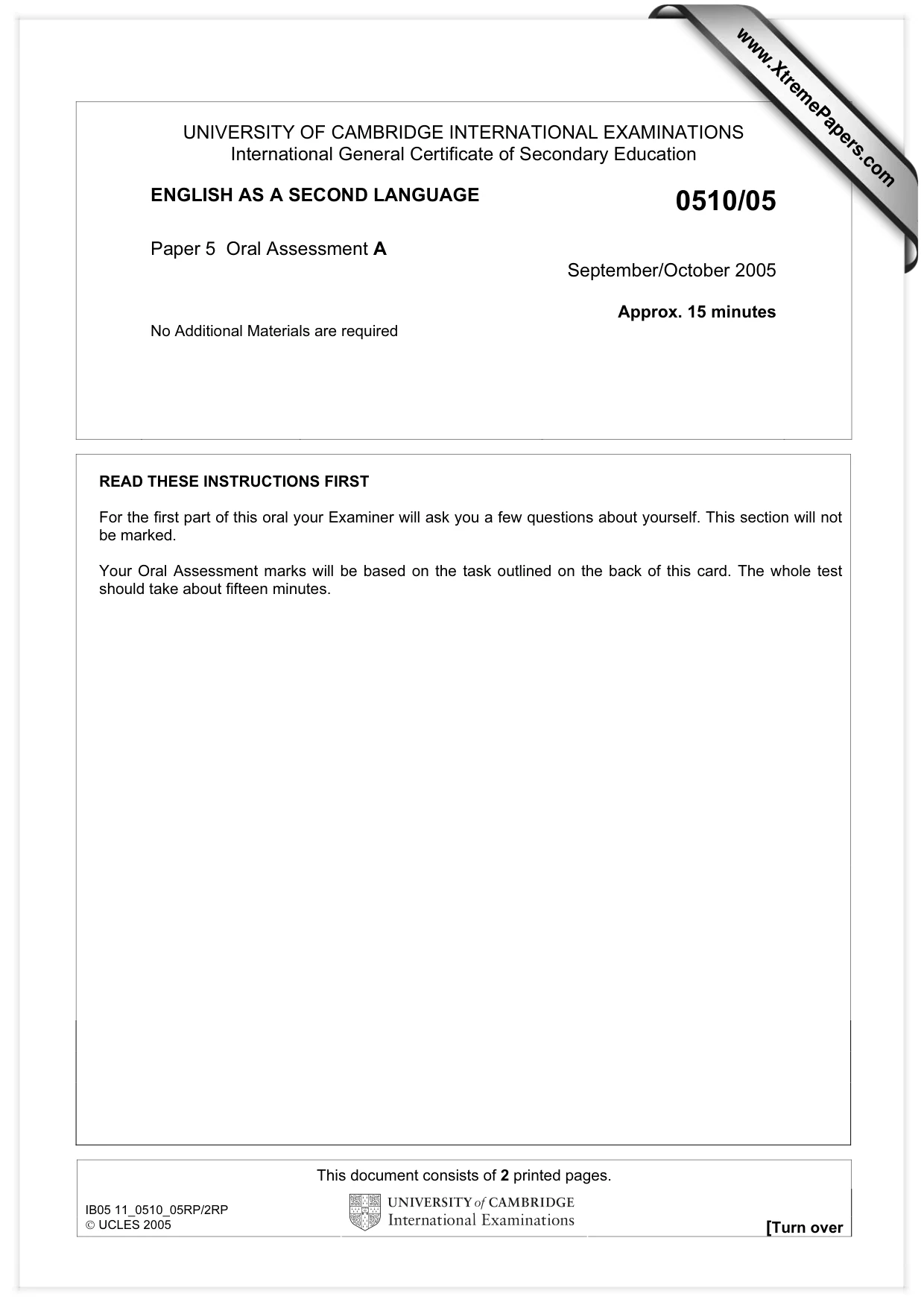 Cambridge IGCSE English - Second Language (oral endorsement) 0510 2005 Oct/Nov Paper 5 · Variant 1 question paper, page 1 of 10
