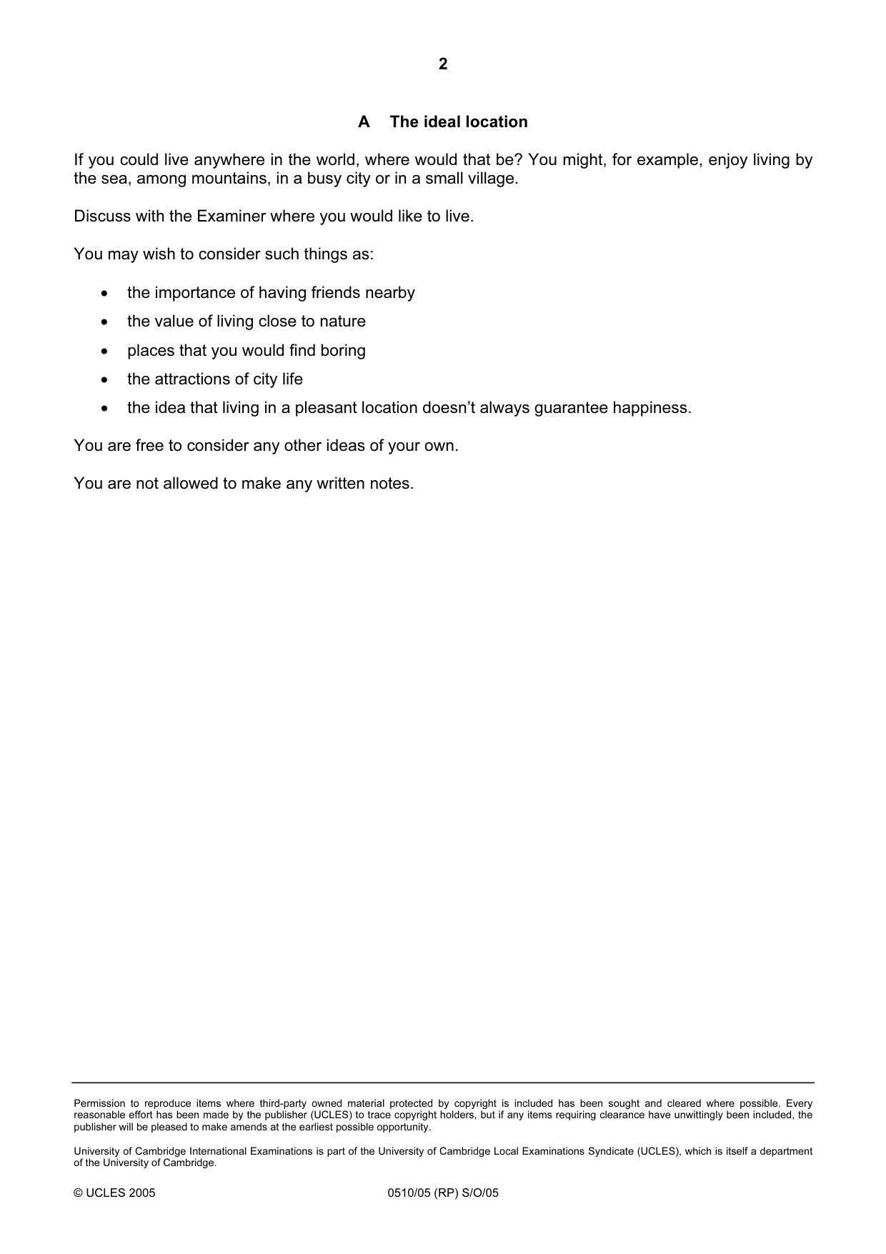 Cambridge IGCSE English - Second Language (oral endorsement) 0510 2005 Oct/Nov Paper 5 · Variant 1 question paper, page 2 of 10