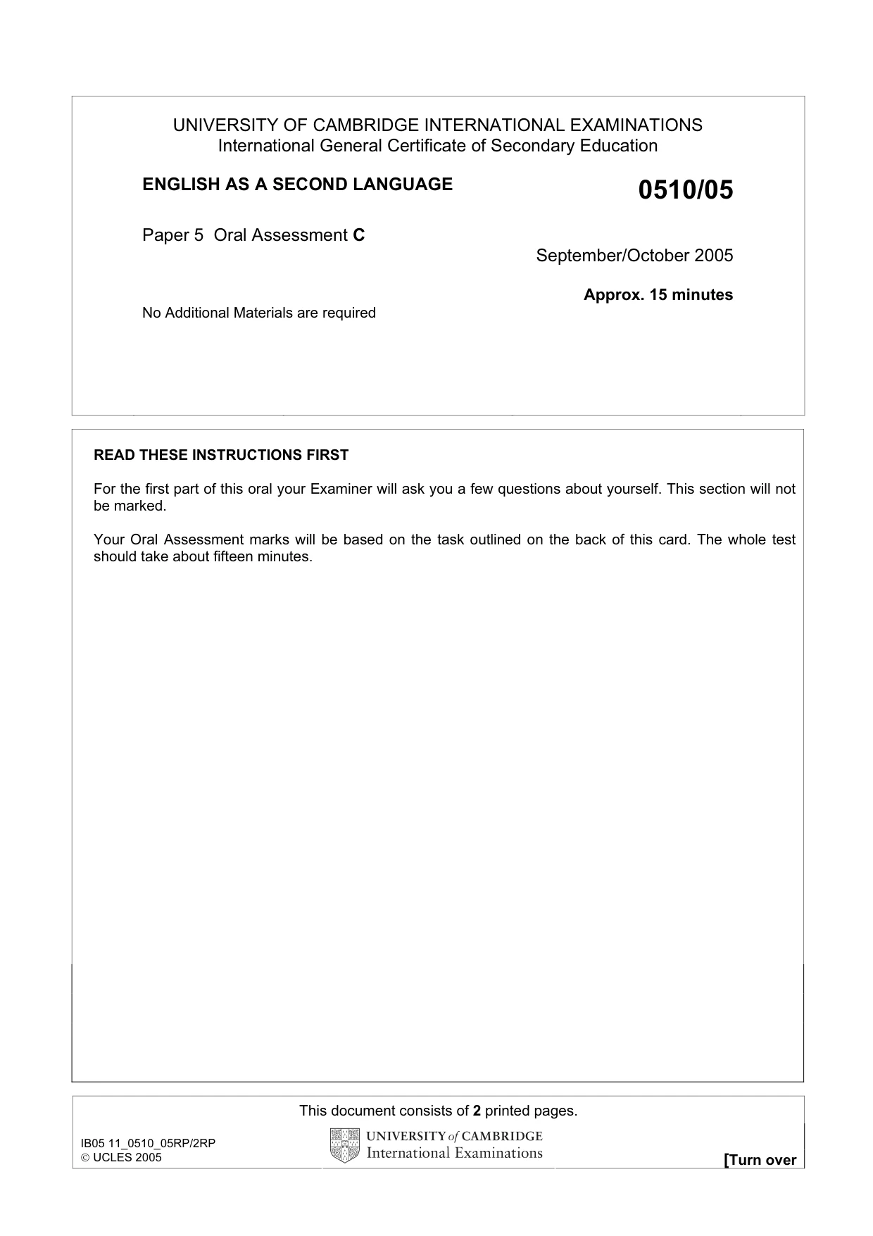 Cambridge IGCSE English - Second Language (oral endorsement) 0510 2005 Oct/Nov Paper 5 · Variant 1 question paper, page 5 of 10