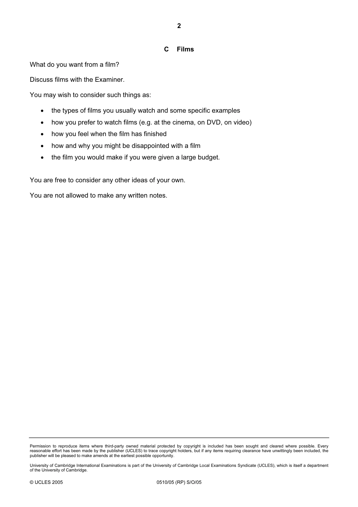 Cambridge IGCSE English - Second Language (oral endorsement) 0510 2005 Oct/Nov Paper 5 · Variant 1 question paper, page 6 of 10