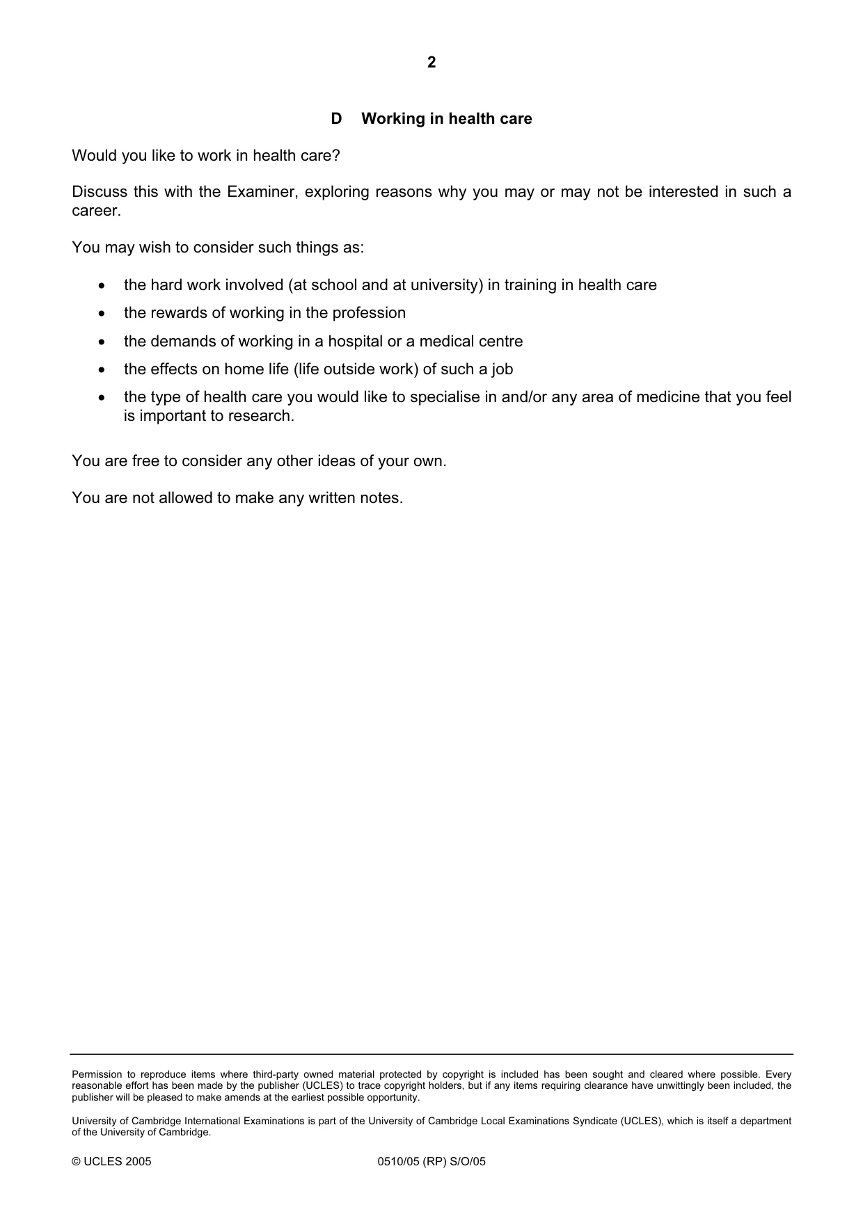 Cambridge IGCSE English - Second Language (oral endorsement) 0510 2005 Oct/Nov Paper 5 · Variant 1 question paper, page 8 of 10