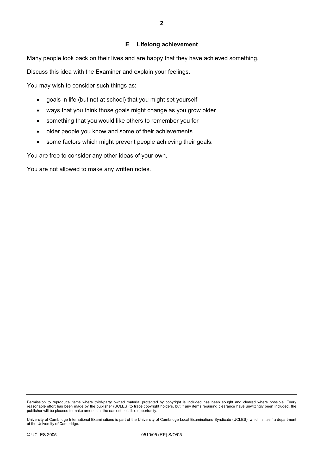 Cambridge IGCSE English - Second Language (oral endorsement) 0510 2005 Oct/Nov Paper 5 · Variant 1 question paper, page 10 of 10