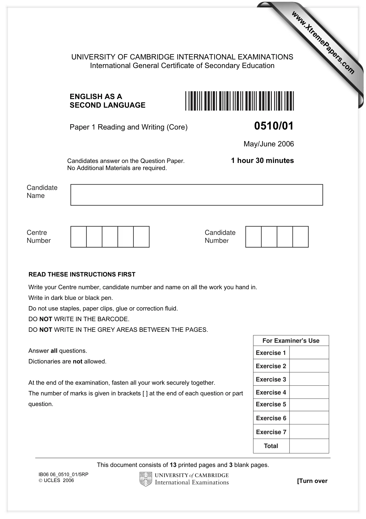 Cambridge IGCSE English - Second Language (oral endorsement) 0510 2006 May/June Paper 1 · Variant 1 question paper, page 1 of 16