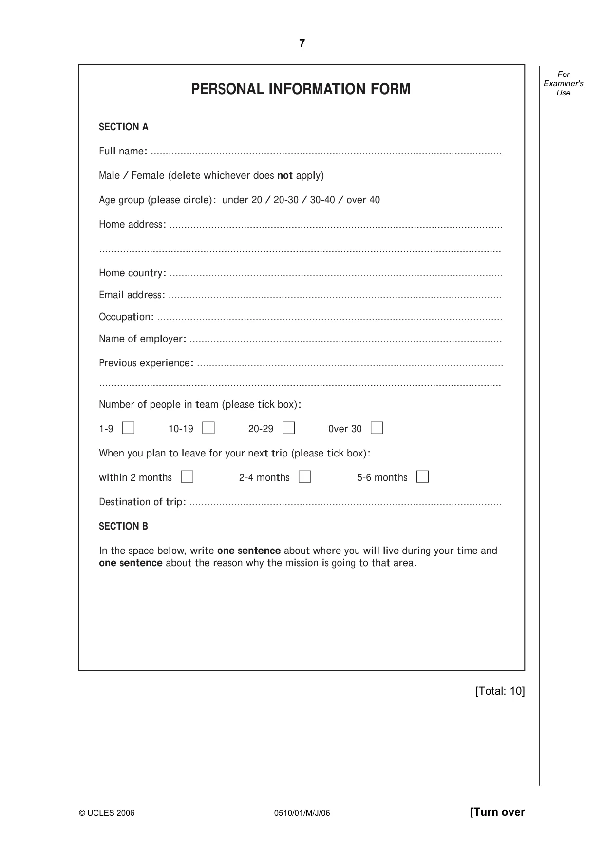Cambridge IGCSE English - Second Language (oral endorsement) 0510 2006 May/June Paper 1 · Variant 1 question paper, page 7 of 16