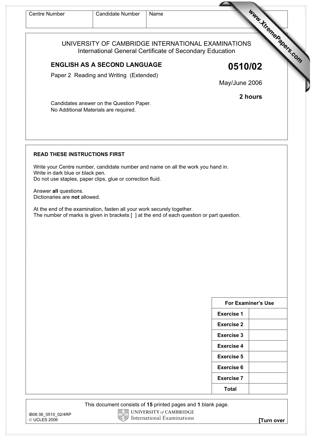 Cambridge IGCSE English - Second Language (oral endorsement) 0510 2006 May/June Paper 2 · Variant 1 question paper, page 1 of 16