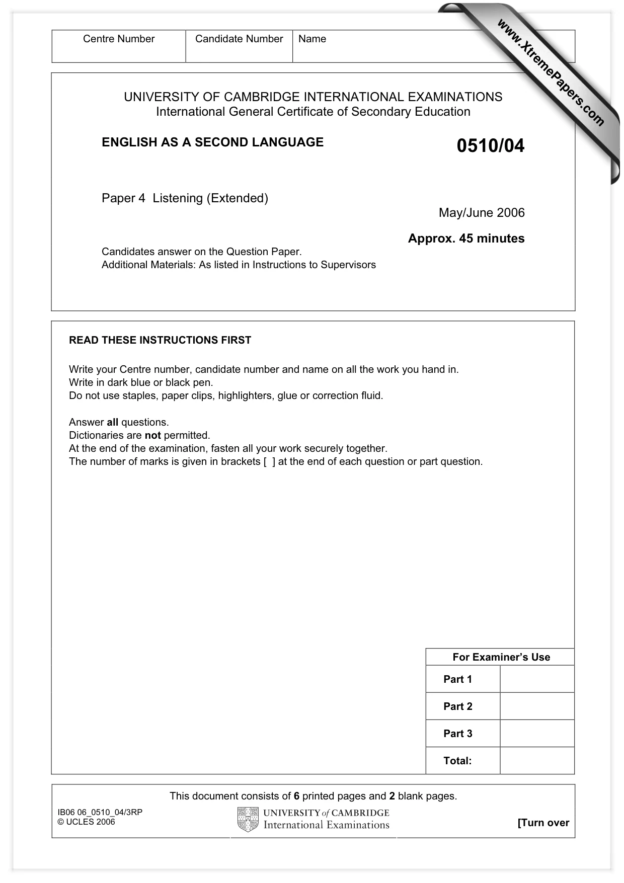 Cambridge IGCSE English - Second Language (oral endorsement) 0510 2006 May/June Paper 4 · Variant 1 question paper, page 1 of 8