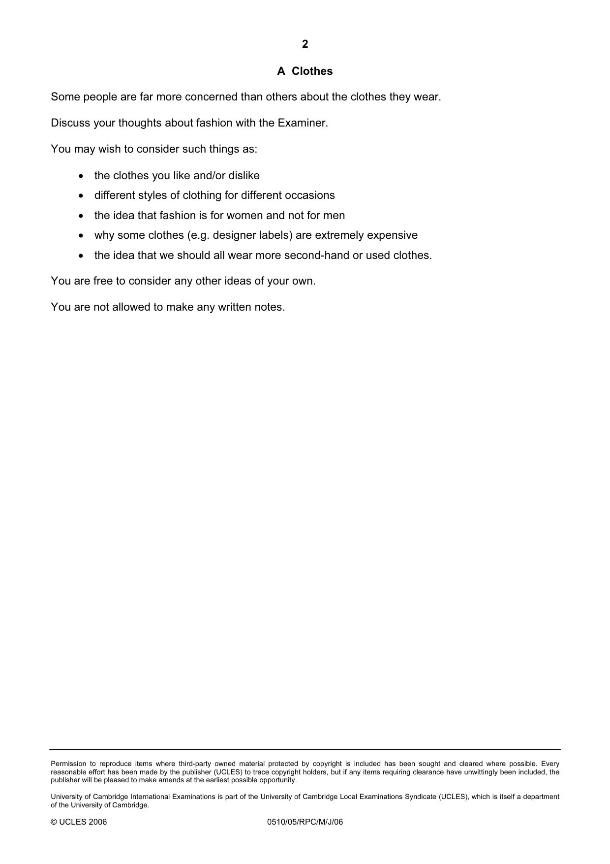 Cambridge IGCSE English - Second Language (oral endorsement) 0510 2006 May/June Paper 5 · Variant 1 question paper, page 2 of 10