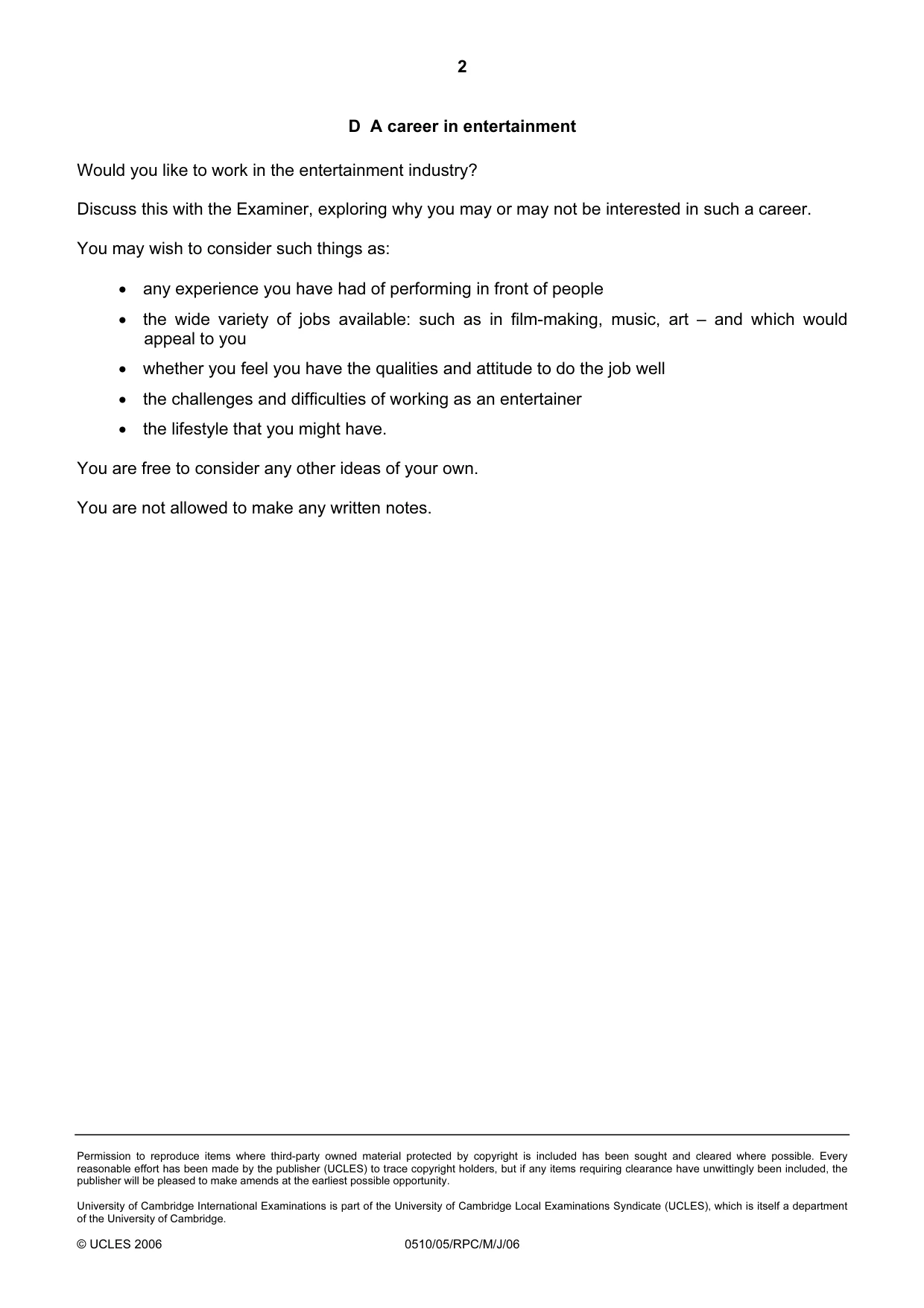 Cambridge IGCSE English - Second Language (oral endorsement) 0510 2006 May/June Paper 5 · Variant 1 question paper, page 8 of 10