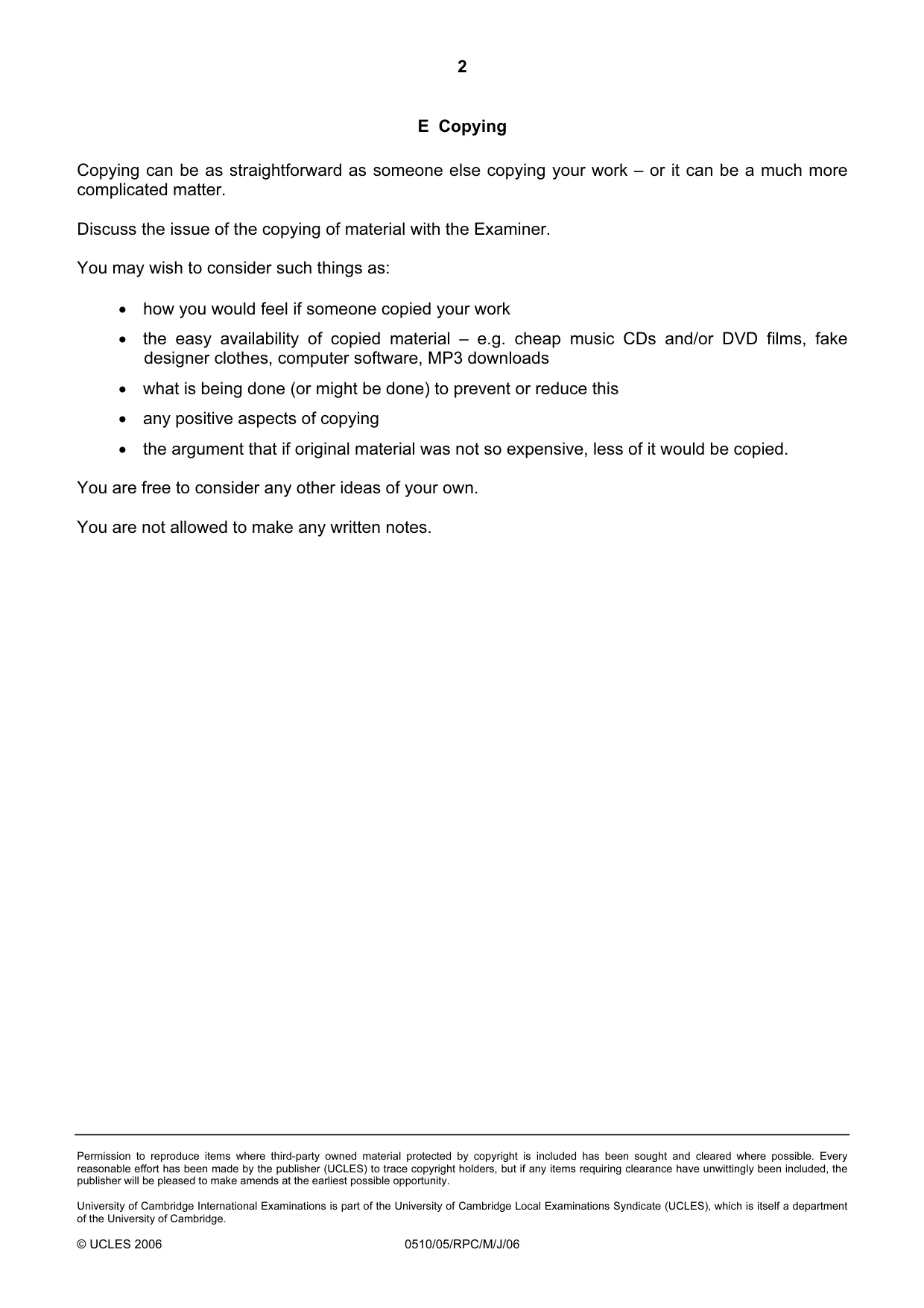 Cambridge IGCSE English - Second Language (oral endorsement) 0510 2006 May/June Paper 5 · Variant 1 question paper, page 10 of 10