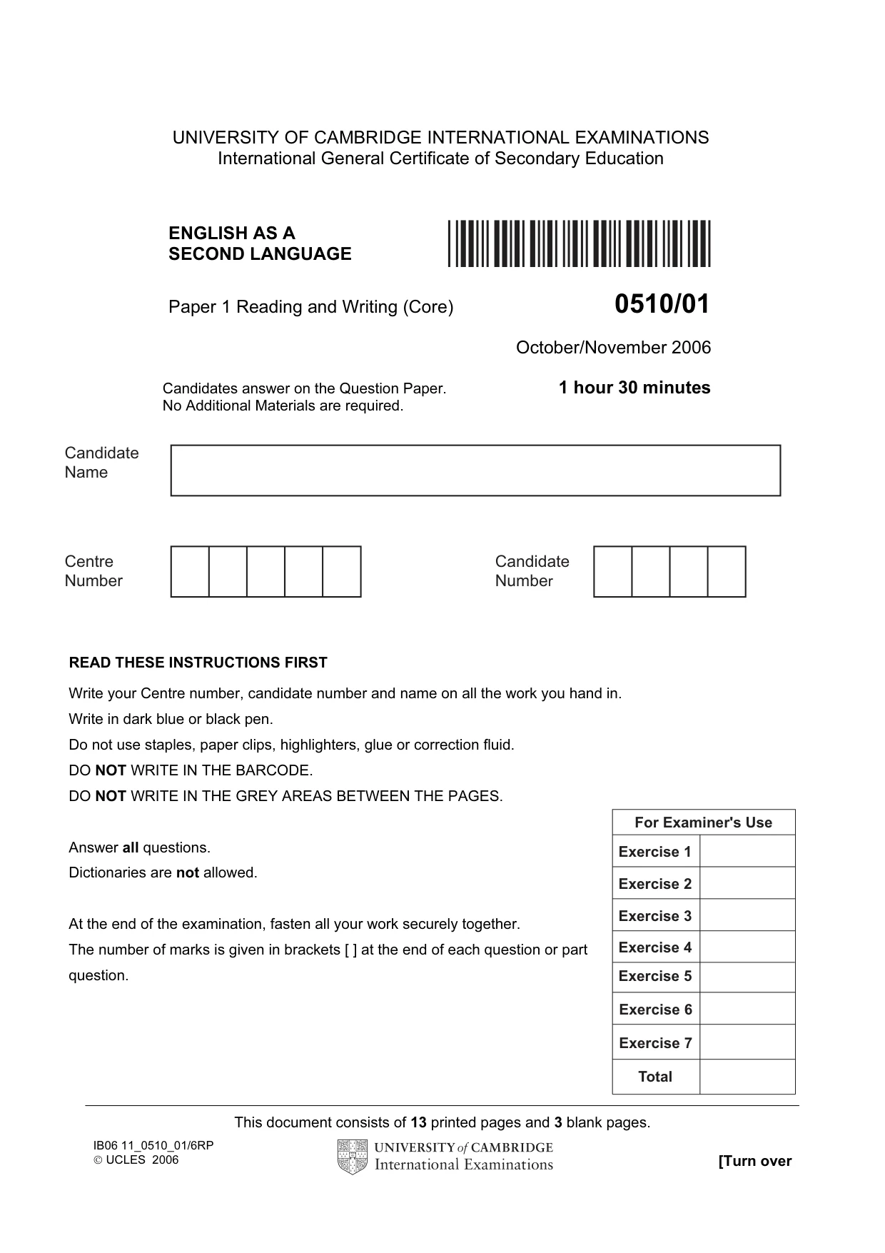 Cambridge IGCSE English - Second Language (oral endorsement) 0510 2006 Oct/Nov Paper 1 · Variant 1 question paper, page 1 of 16