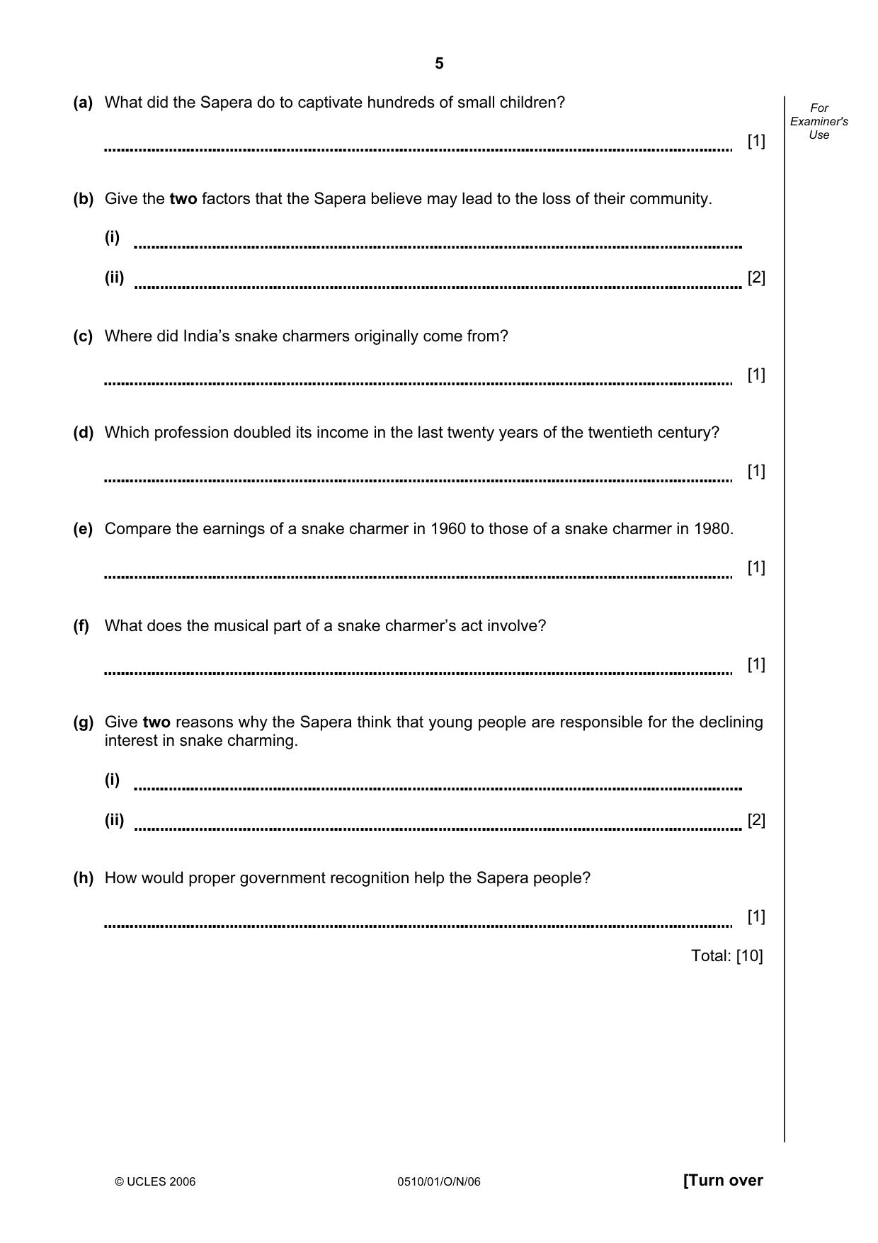 Cambridge IGCSE English - Second Language (oral endorsement) 0510 2006 Oct/Nov Paper 1 · Variant 1 question paper, page 5 of 16