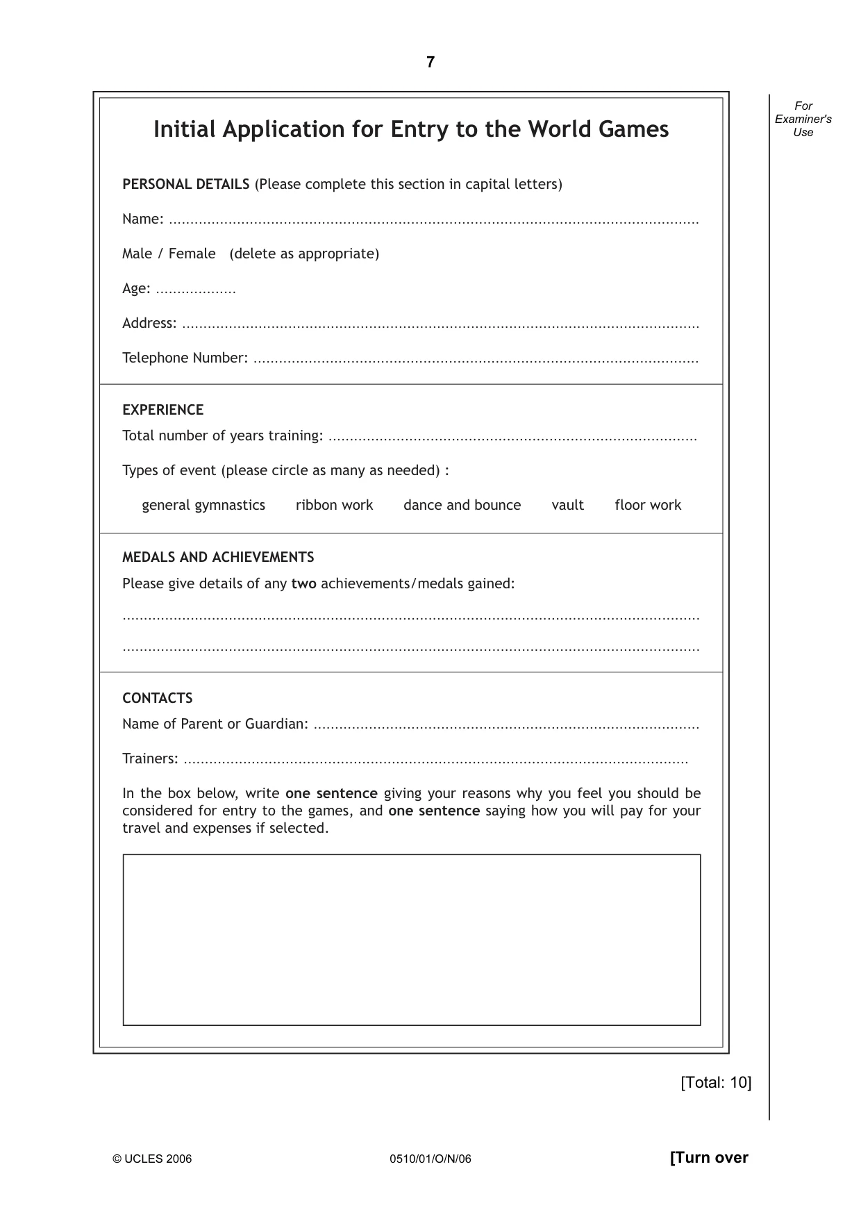 Cambridge IGCSE English - Second Language (oral endorsement) 0510 2006 Oct/Nov Paper 1 · Variant 1 question paper, page 7 of 16
