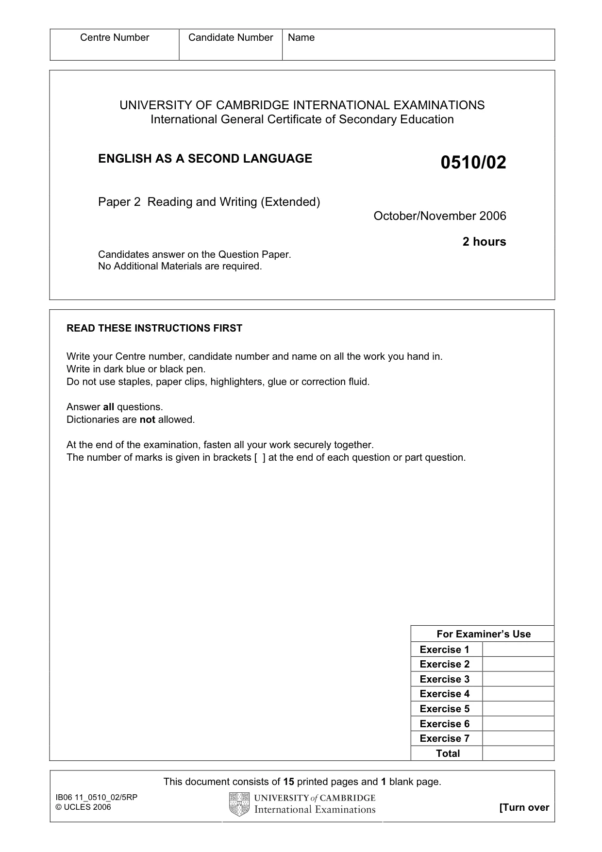 Cambridge IGCSE English - Second Language (oral endorsement) 0510 2006 Oct/Nov Paper 2 · Variant 1 question paper, page 1 of 16