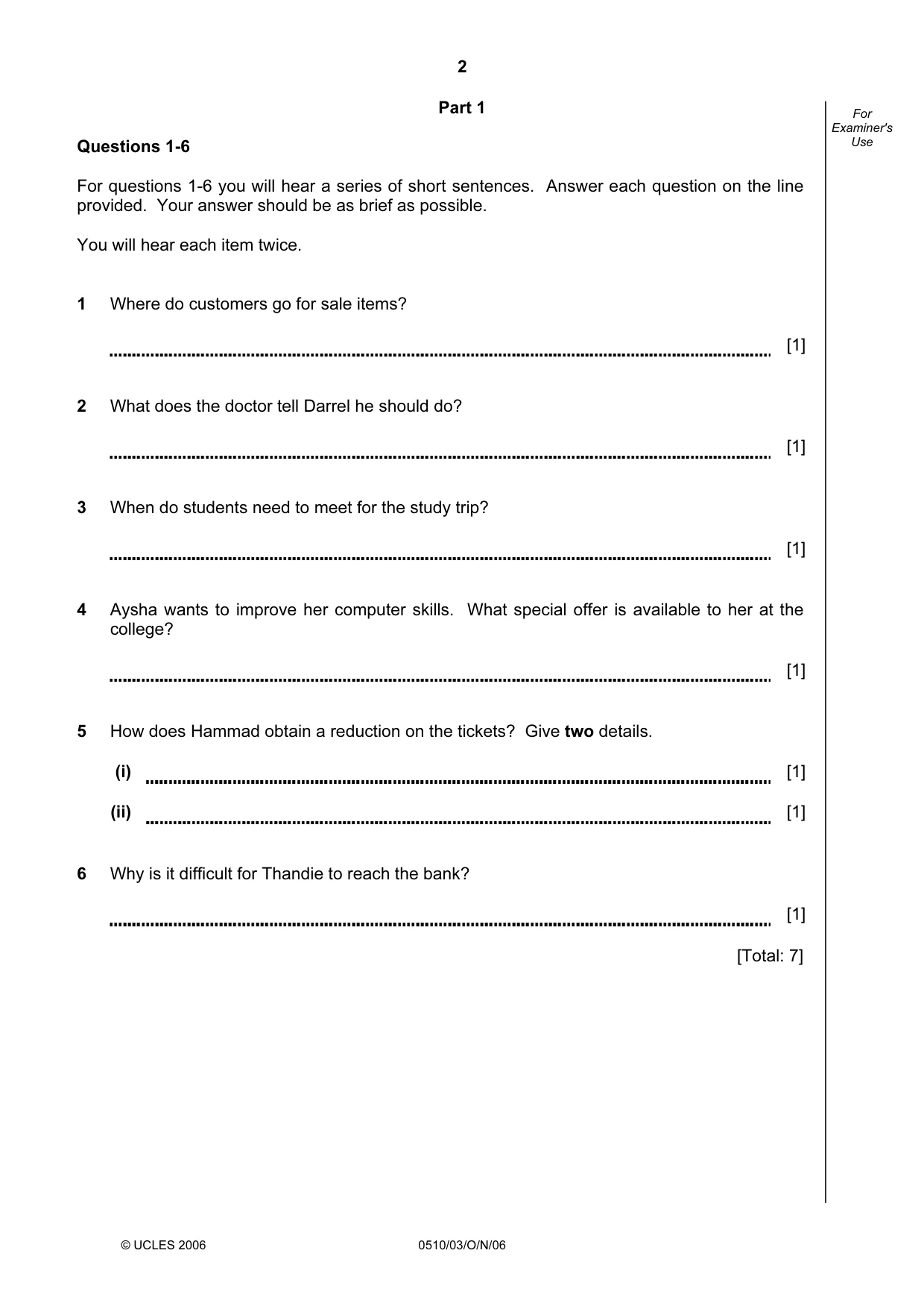 Cambridge IGCSE English - Second Language (oral endorsement) 0510 2006 Oct/Nov Paper 3 · Variant 1 question paper, page 2 of 8