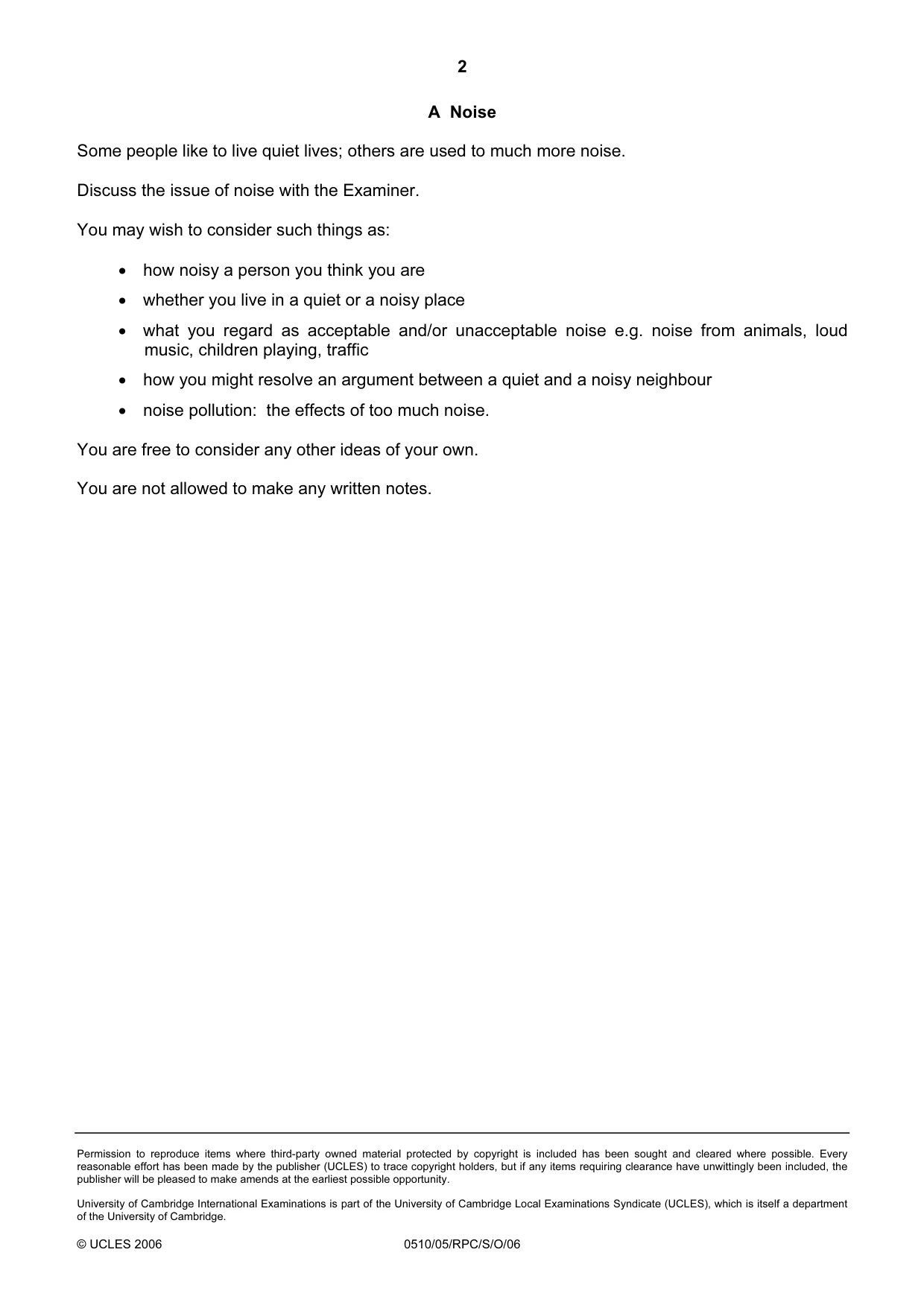 Cambridge IGCSE English - Second Language (oral endorsement) 0510 2006 Oct/Nov Paper 5 · Variant 1 question paper, page 2 of 10