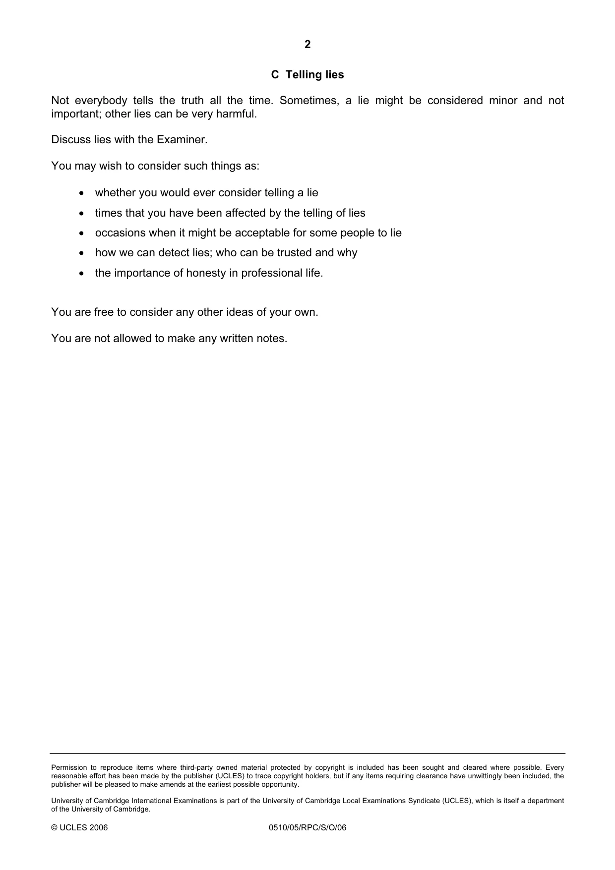 Cambridge IGCSE English - Second Language (oral endorsement) 0510 2006 Oct/Nov Paper 5 · Variant 1 question paper, page 6 of 10