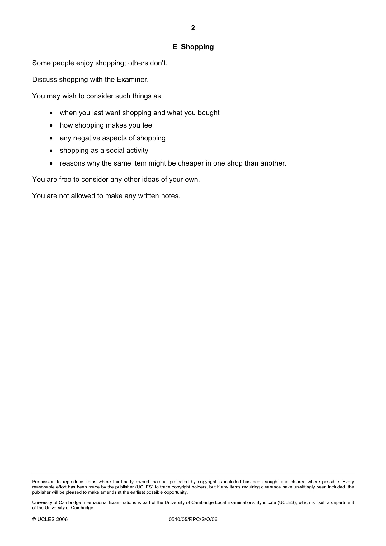 Cambridge IGCSE English - Second Language (oral endorsement) 0510 2006 Oct/Nov Paper 5 · Variant 1 question paper, page 10 of 10