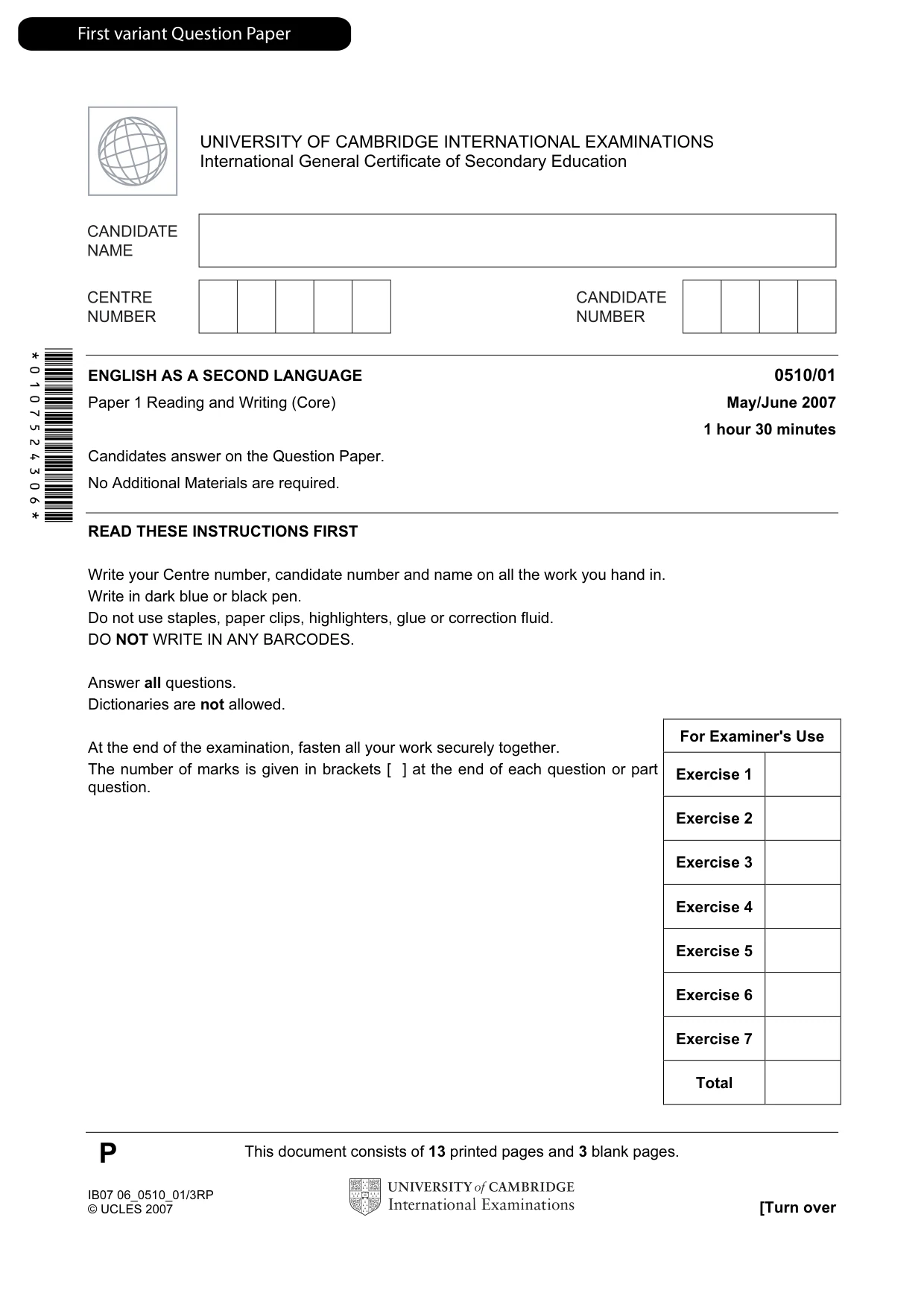Cambridge IGCSE English - Second Language (oral endorsement) 0510 2007 May/June Paper 1 · Variant 1 question paper, page 2 of 33