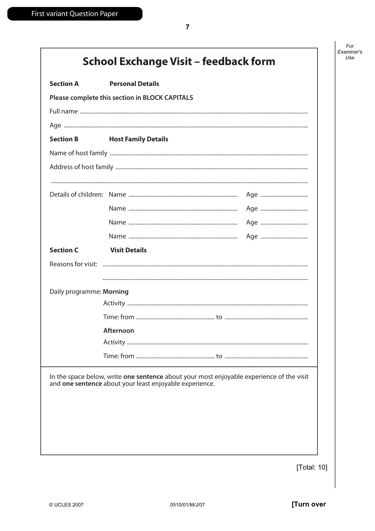 Cambridge IGCSE English - Second Language (oral endorsement) 0510 2007 May/June Paper 1 · Variant 1 question paper, page 8 of 33