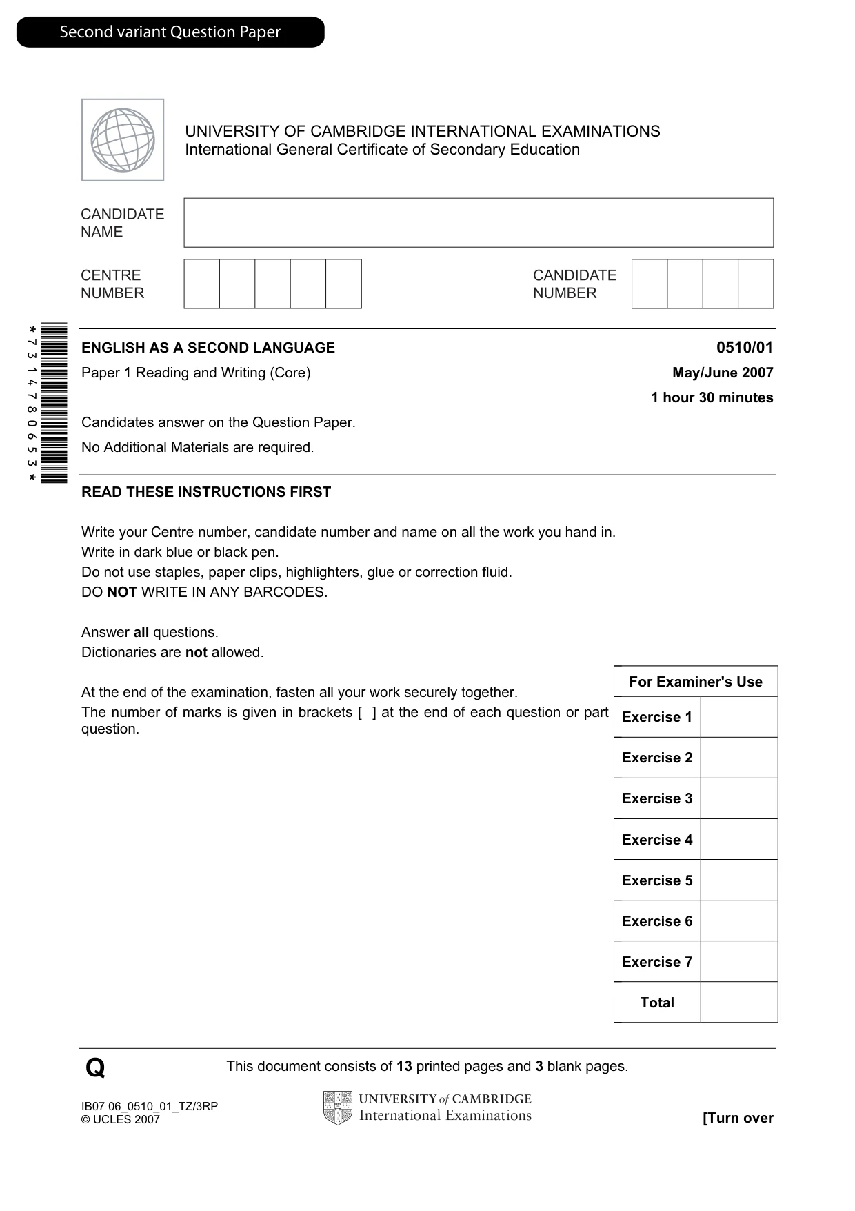 Cambridge IGCSE English - Second Language (oral endorsement) 0510 2007 May/June Paper 1 · Variant 1 question paper, page 18 of 33