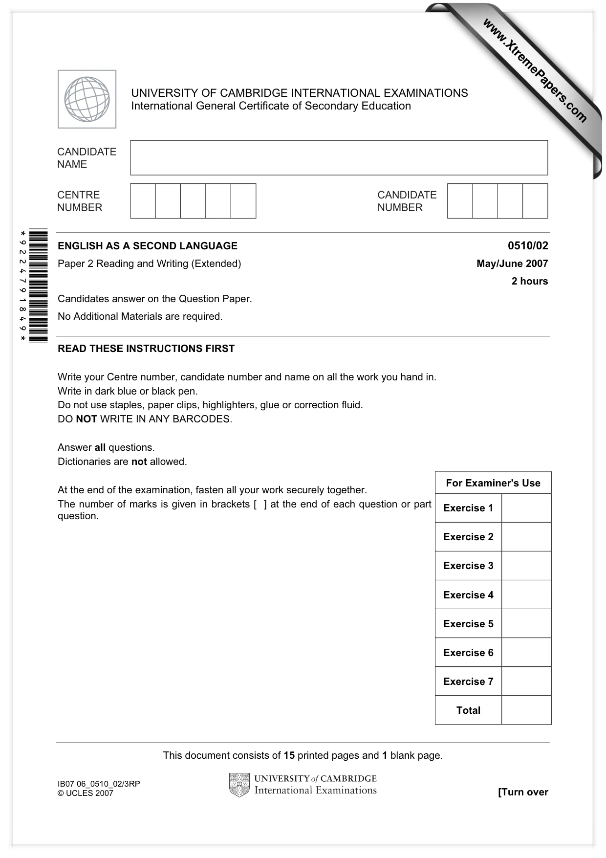 Cambridge IGCSE English - Second Language (oral endorsement) 0510 2007 May/June Paper 2 · Variant 1 question paper, page 1 of 16