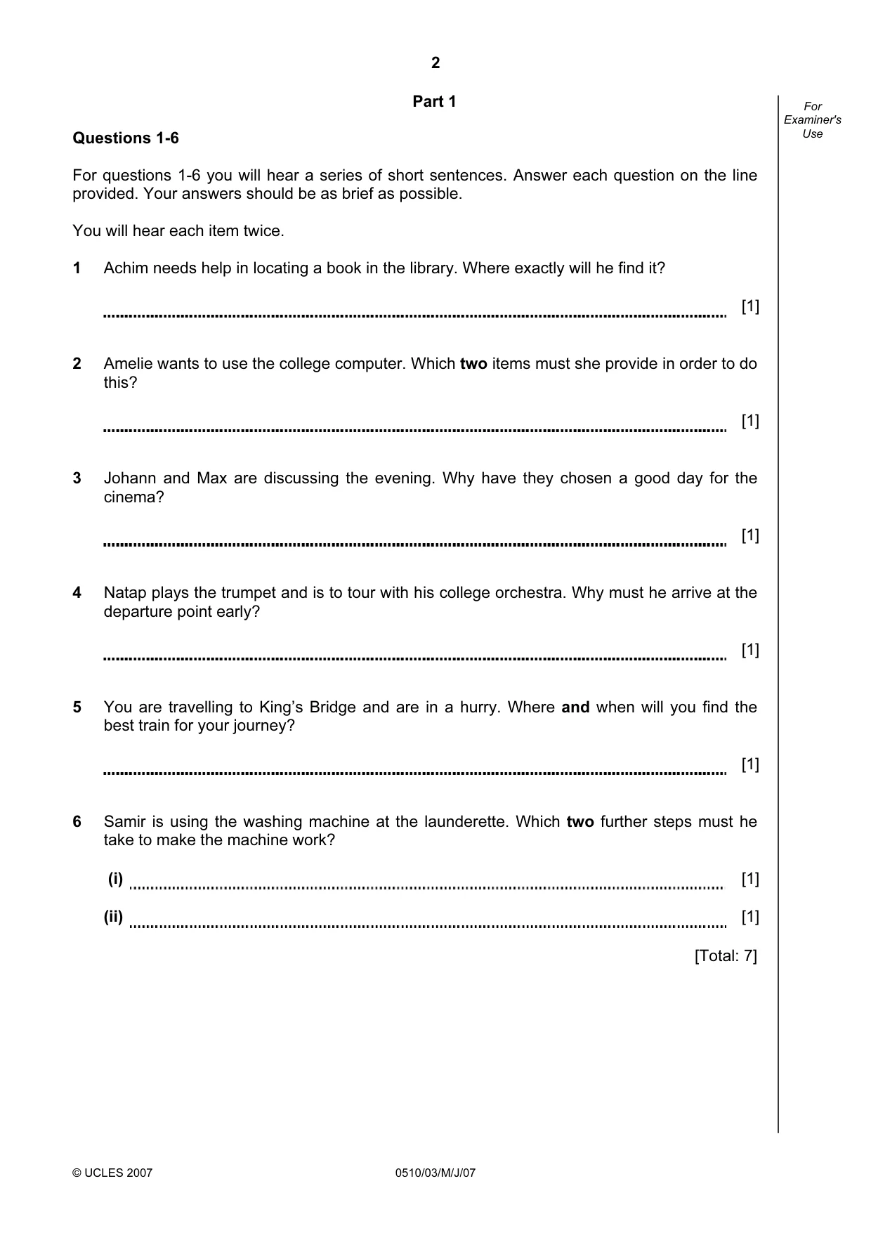 Cambridge IGCSE English - Second Language (oral endorsement) 0510 2007 May/June Paper 3 · Variant 1 question paper, page 2 of 8