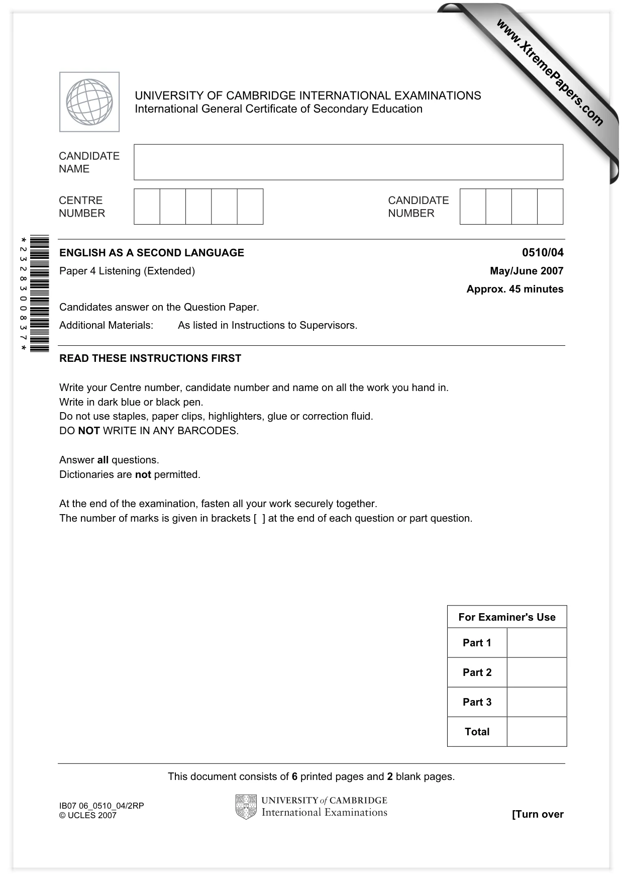 Cambridge IGCSE English - Second Language (oral endorsement) 0510 2007 May/June Paper 4 · Variant 1 question paper, page 1 of 8