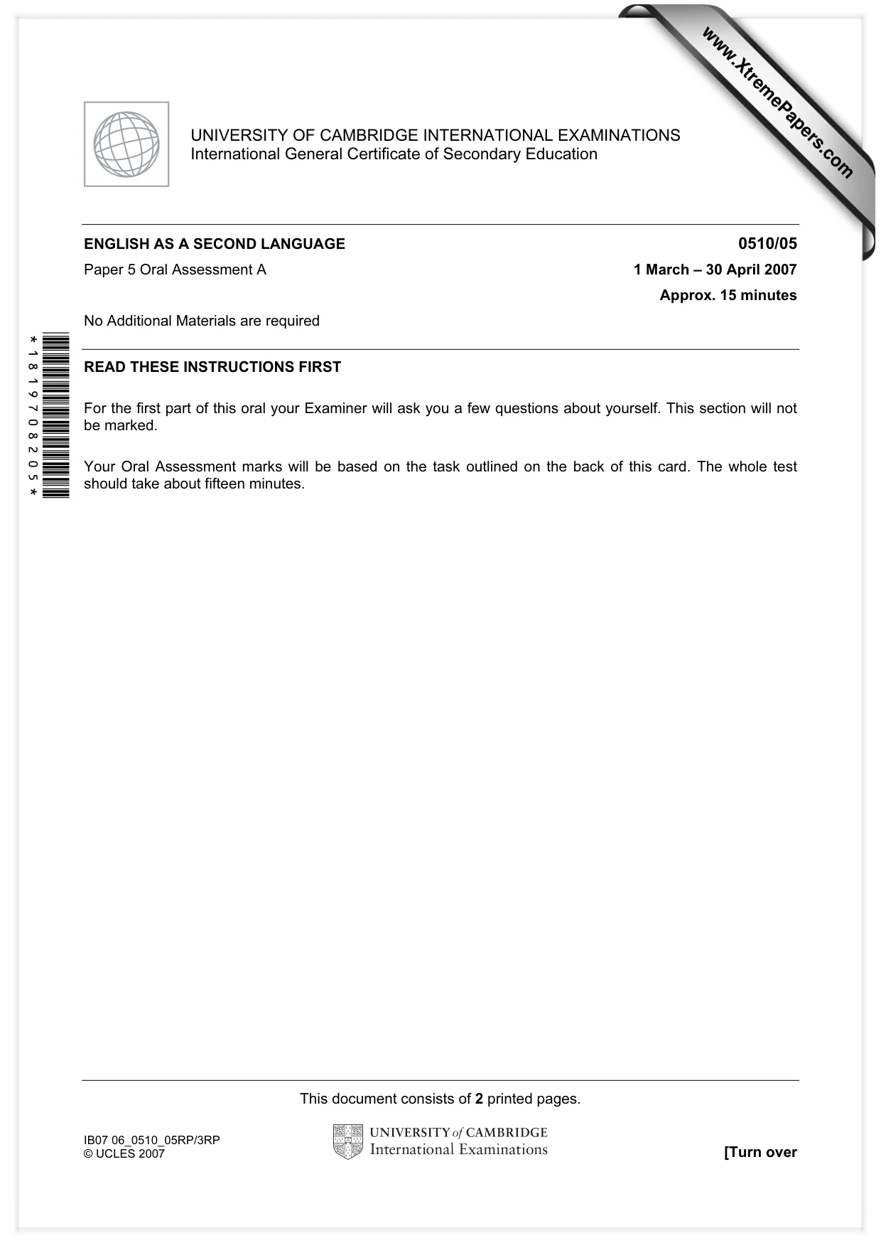Cambridge IGCSE English - Second Language (oral endorsement) 0510 2007 May/June Paper 5 · Variant 1 question paper, page 1 of 10