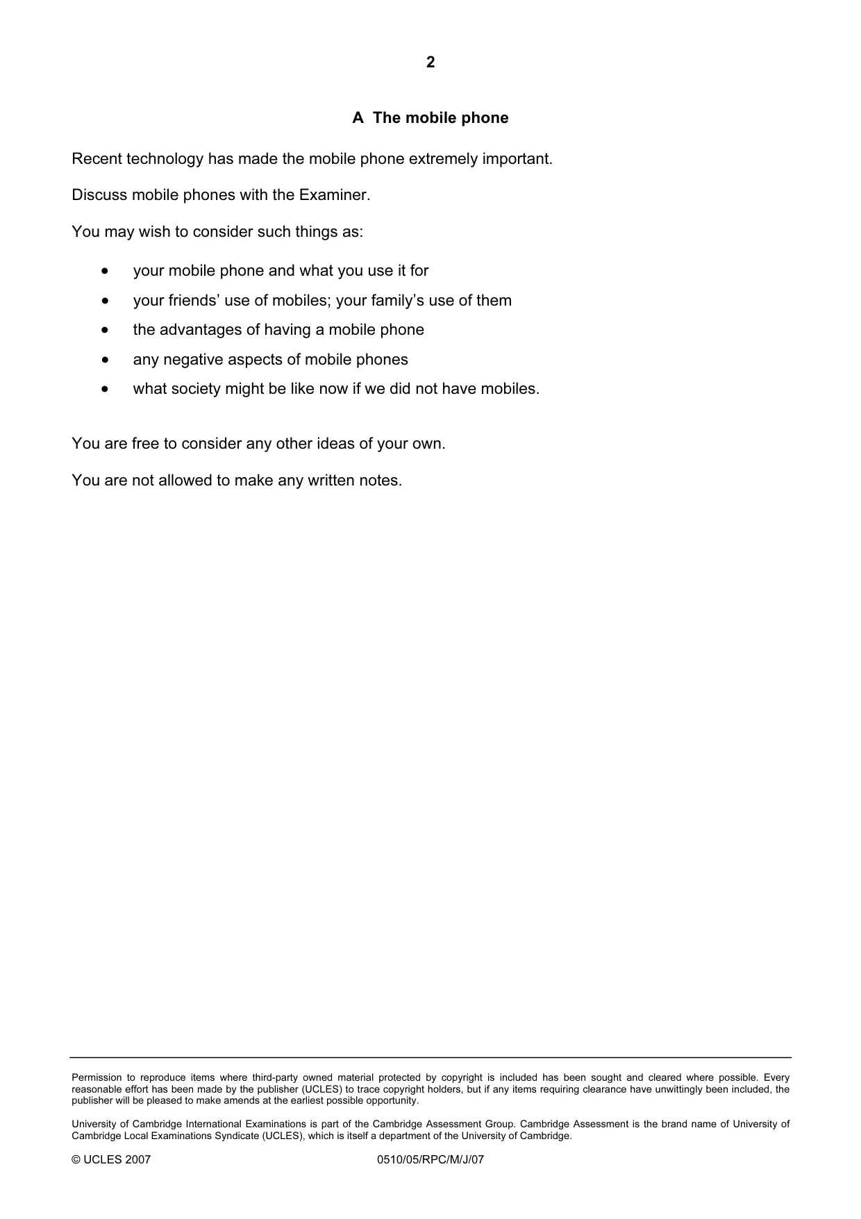Cambridge IGCSE English - Second Language (oral endorsement) 0510 2007 May/June Paper 5 · Variant 1 question paper, page 2 of 10