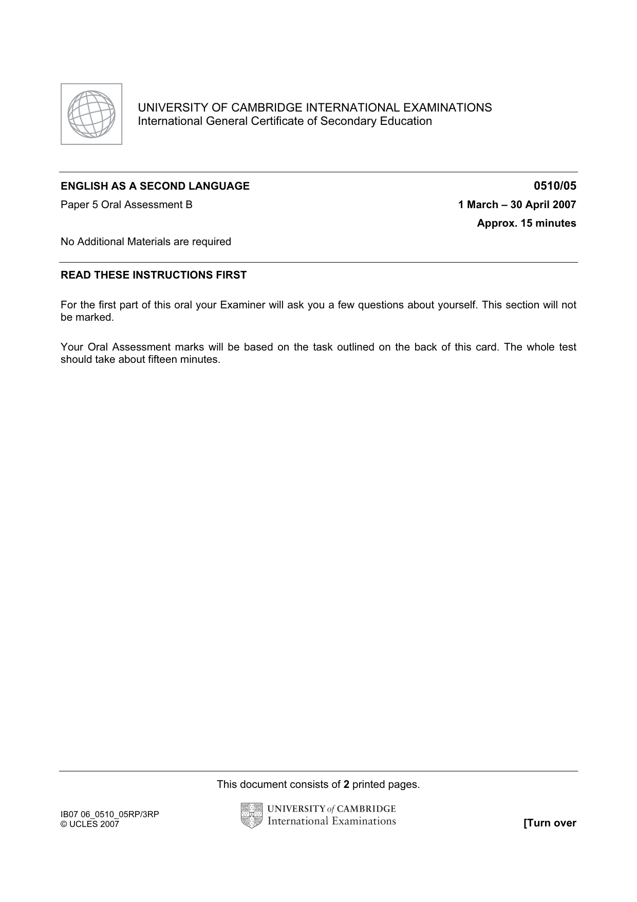 Cambridge IGCSE English - Second Language (oral endorsement) 0510 2007 May/June Paper 5 · Variant 1 question paper, page 3 of 10
